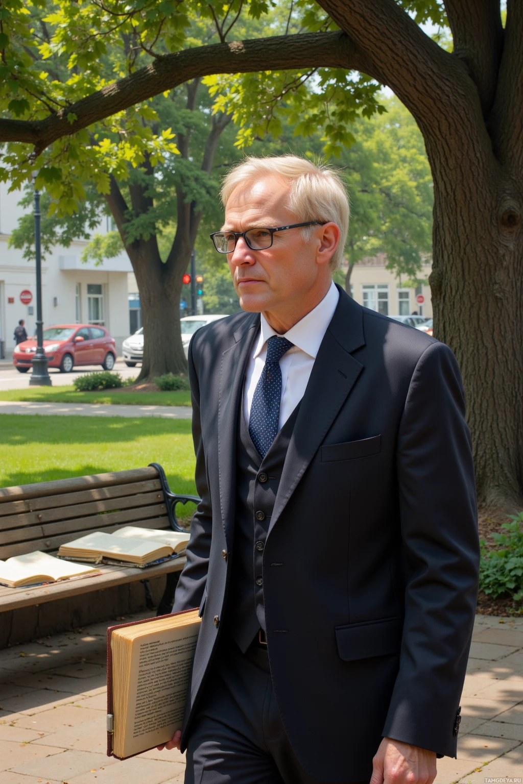 Realistic high quality photo. A 50‑year‑old refined man with short light blonde hair, blue eyes, pale complexion, dark suit, glasses perched on his nose, thoughtful expression, holding a book, walking past an old oak in a courtyard with a bench where his open notebook lies with scattered pages, leaves rustling in a gentle breeze, distant traffic humming in the background, midday light filtering through branches.