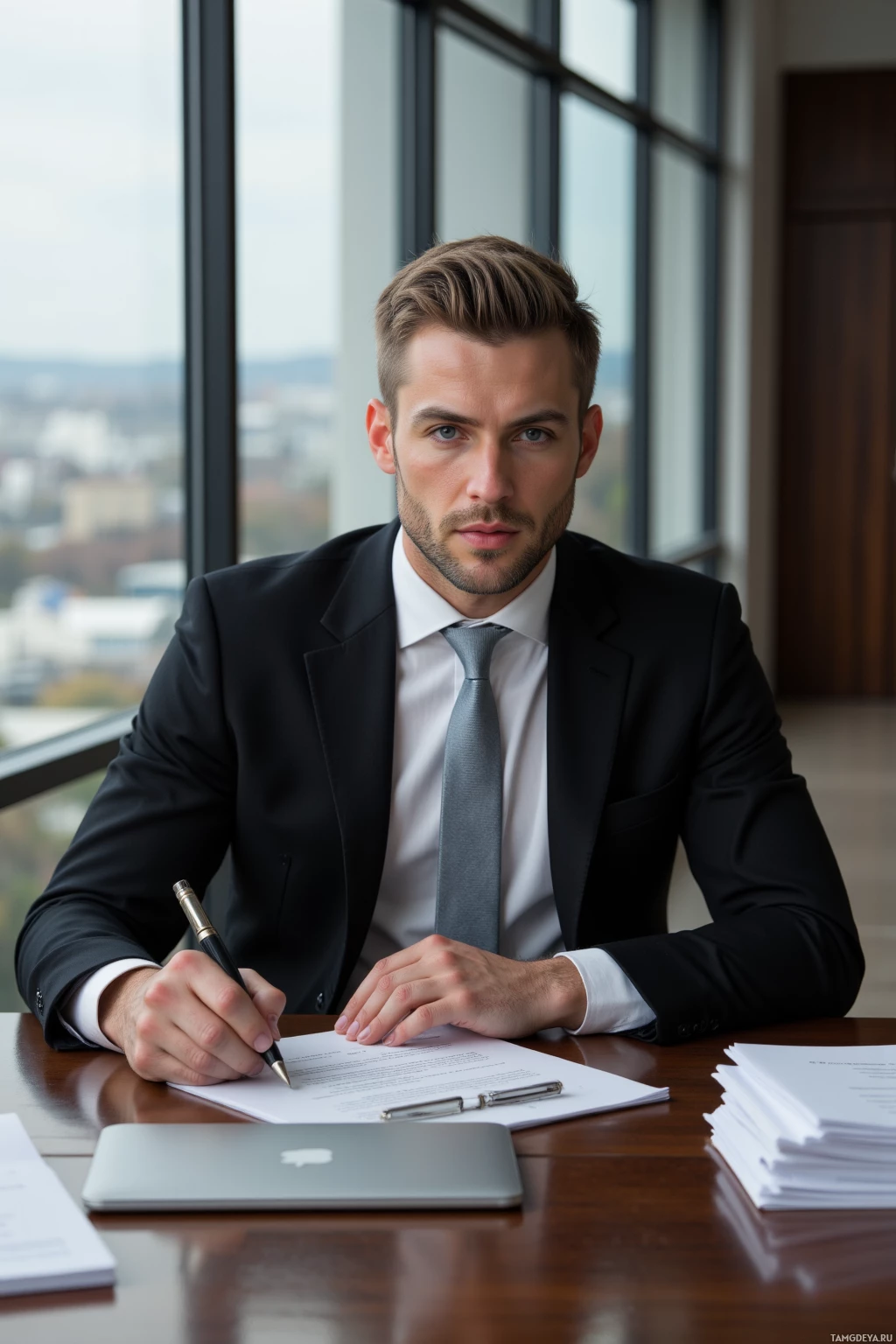 Realistic high quality photo. A 34‑year‑old male lawyer with slicked-back blonde hair, blue eyes, sharp jawline and prominent cheekbones, wearing a black suit, crisp white shirt and silver tie, sits at a polished wooden desk in a modern office with large glass windows, reviewing a settlement draft on a laptop while a stack of legal documents lies beside him, his expression focused and composed.