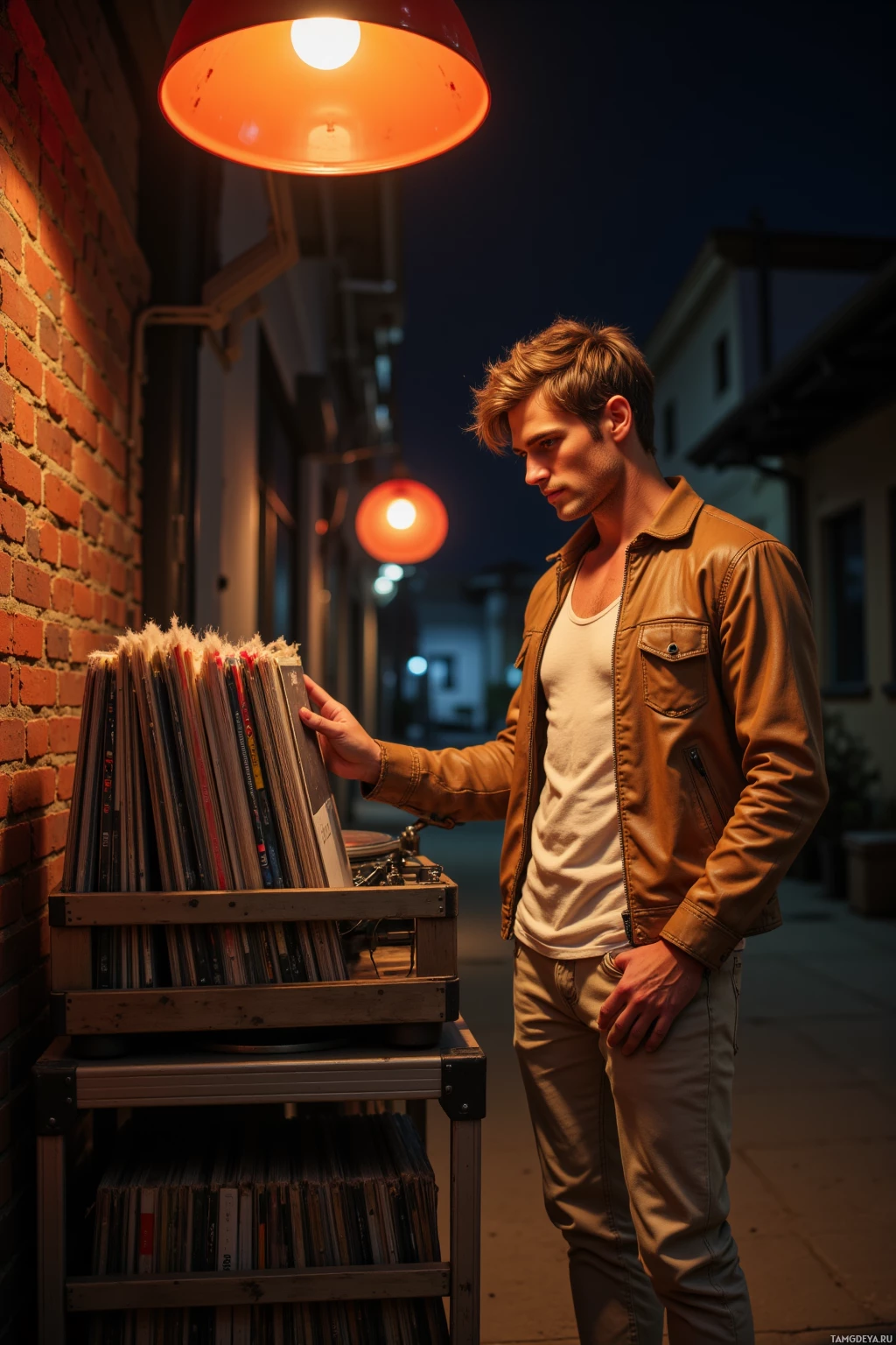 Realistic high quality photo. 30-year-old man with messy light brown hair, green eyes, fair skin, wearing a pale t‑shirt under a light tan leather jacket and slim beige jeans, stands in a dim alley at night beside a crate of forgotten vinyls on a metal stand, low orange lamps casting a warm glow over freshly painted brick walls, a portable turntable spinning a record as he watches it.