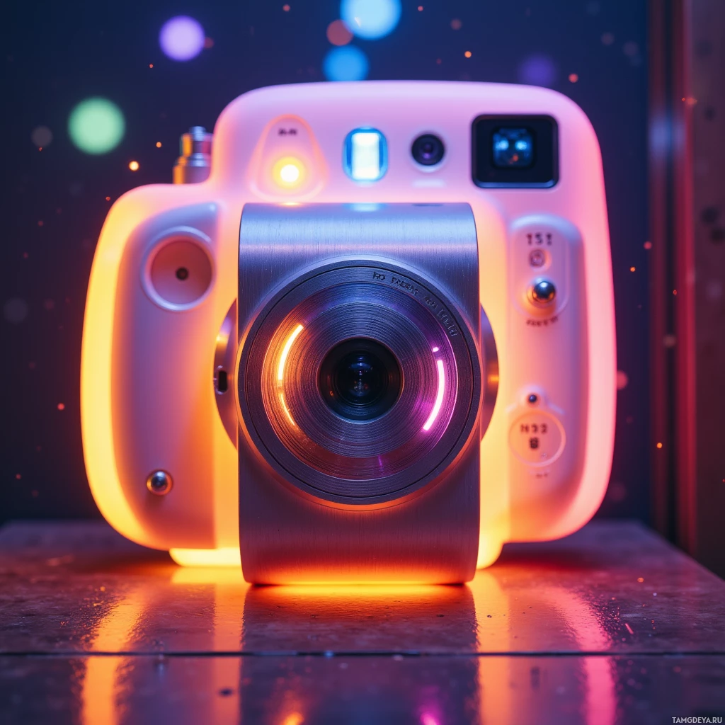 Semi-abstract image with many light, that is suitable for the post:  compact instant camera with warm brushed aluminum frame, tiny rotating lens dial offering sepia or neon overlay, pocket-sized solar panel battery, small LCD countdown screen, sleek modern design.