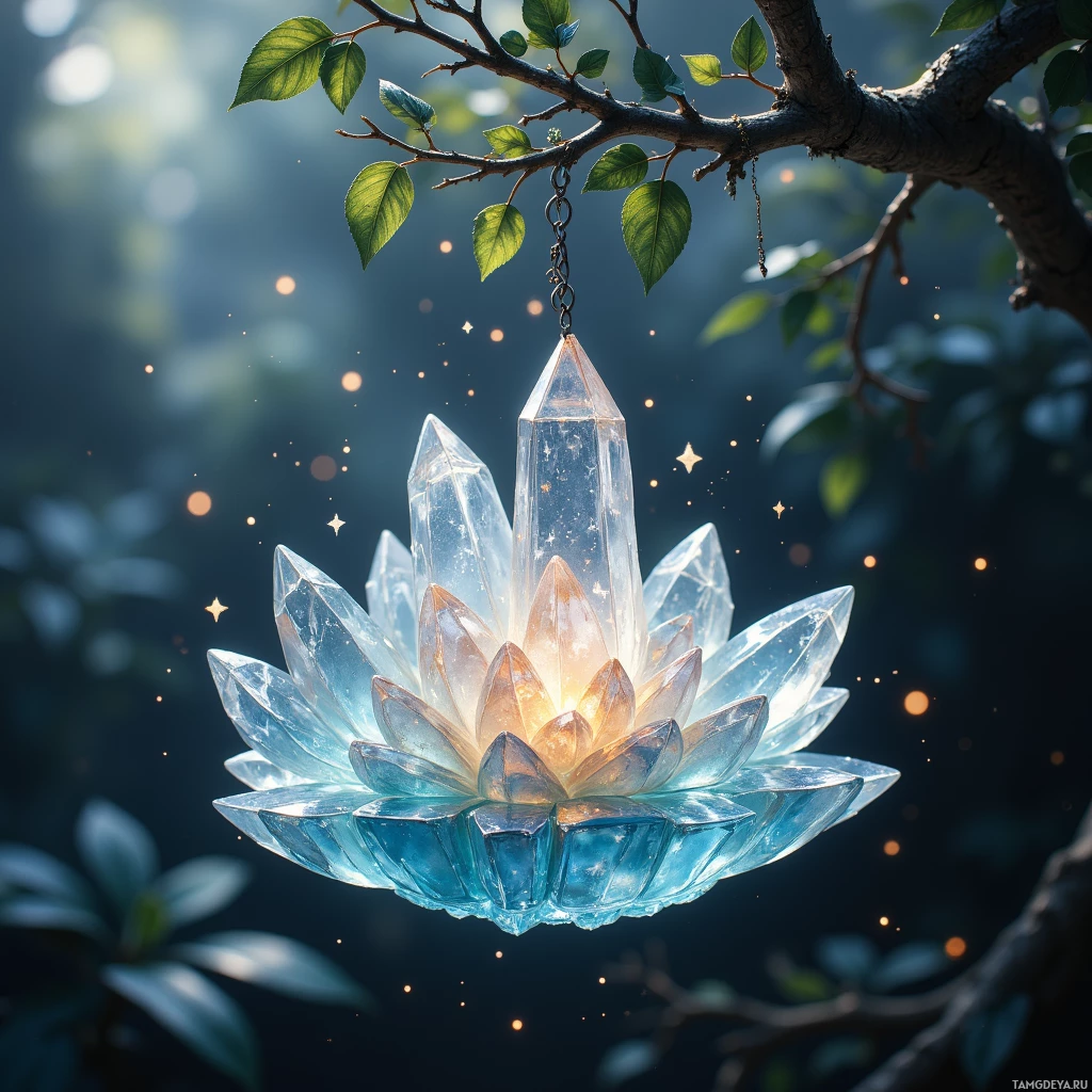 Semi-abstract image with many light, that is suitable for the post:  Aeolian glass cradle suspended on a silver vine, translucent crystal shards etched with shifting‑hue runes that glow softly in light, delicate and ethereal.