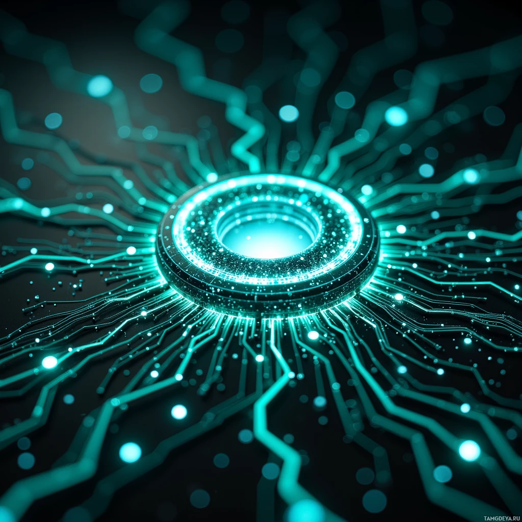 Semi-abstract image with many light, that is suitable for the post:  Sleek titanium alloy frame encasing a pulsating bioluminescent core, with dynamic living circuitry filaments auto‑optimising, glowing in electric teal and silver tones.