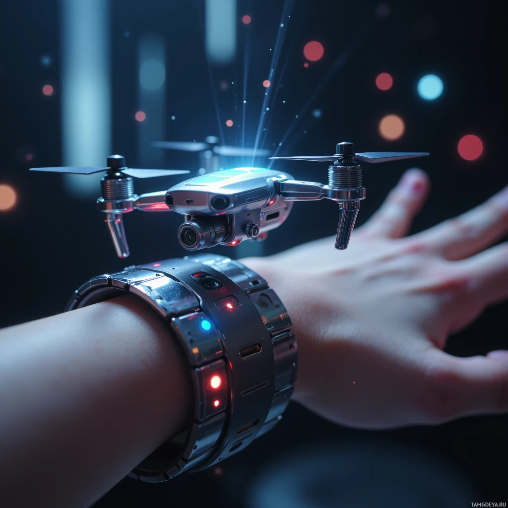 Semi-abstract image with many light, that is suitable for the post:  A tiny chrome wrist‑mounted drone with a folding bracelet body, glowing subtle LED pulse, hovering just inches above skin, featuring a compact 360° camera lens and sleek metallic finish.