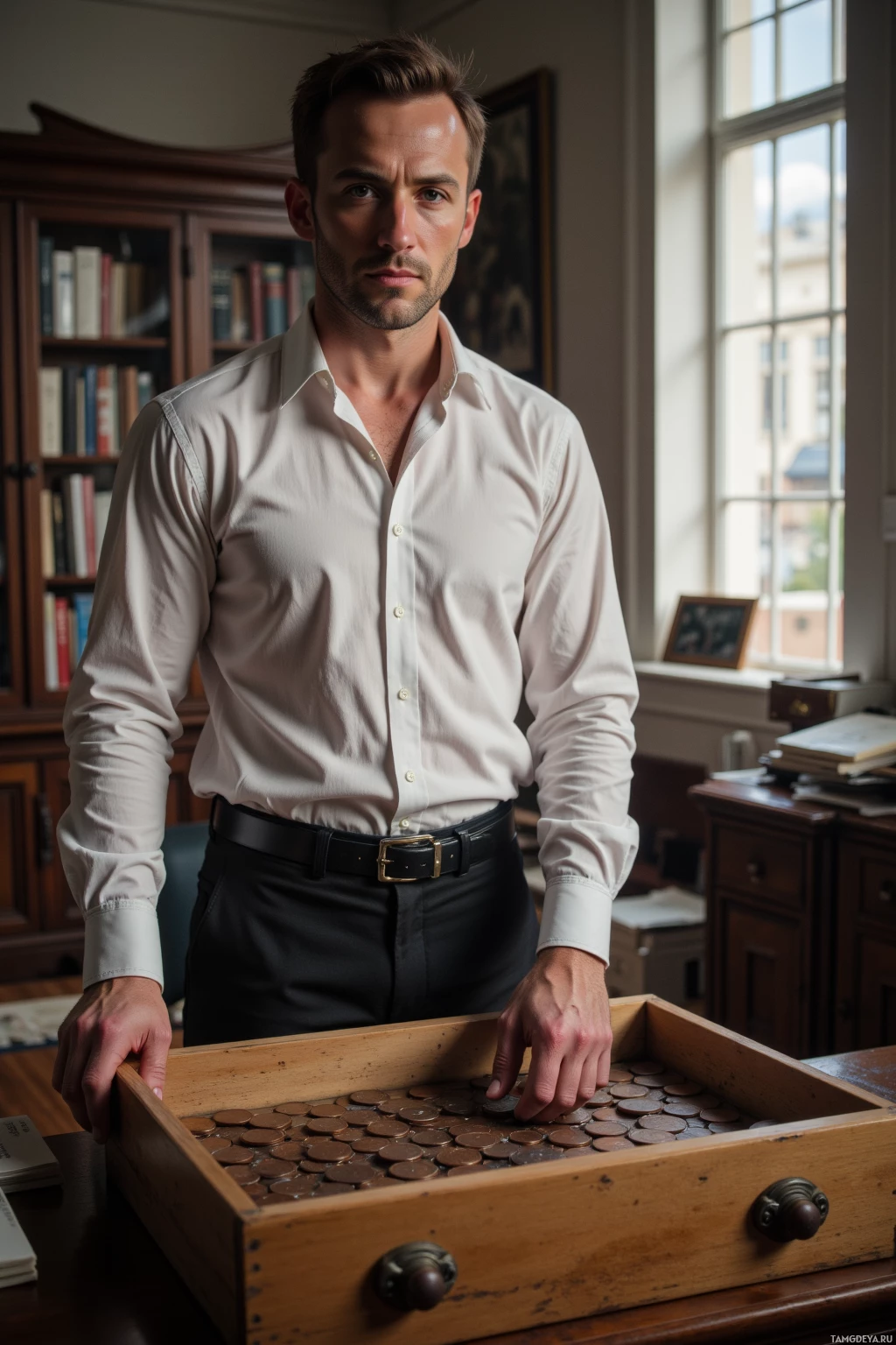 Realistic high quality photo. A 43‑year‑old man with short brown hair, blue eyes, pale skin, wearing a crisp white high‑collared dress shirt and black trousers, stands in a quiet office at afternoon light, carefully sorting a stack of late‑19th century copper coins from an open wooden drawer on a sturdy desk, his focused gaze and slight intensity reflecting his obsessive, nostalgic nature.