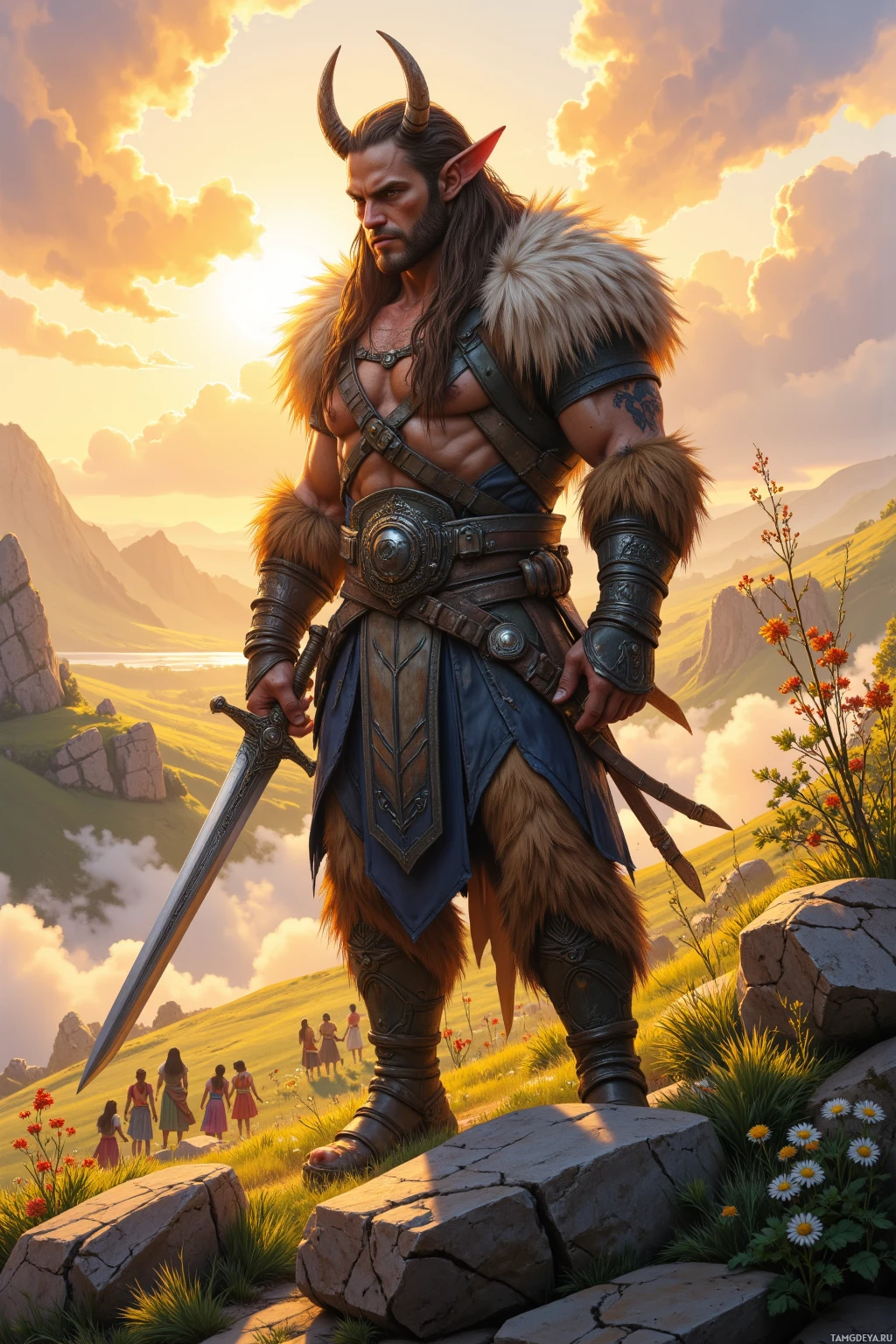 Realistic high quality photo. Morning ridge at dawn with mist curling over grass, towering male Bloodhoof 45 years old in tribal fur and leather armor with long braided hair and glowing amber eyes, pulling a silver sword from its sheath on a rocky outcrop overlooking a valley where children in bright tunics play amid wildflowers, golden sunrise light casting a gentle yet fierce glow.