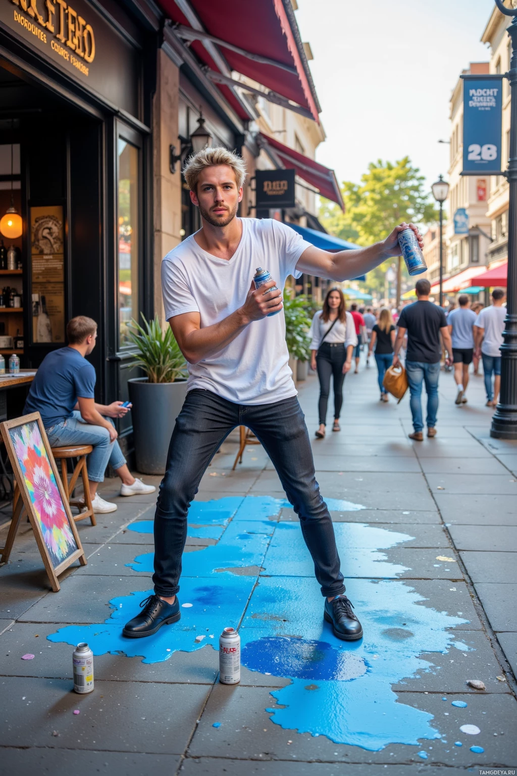 Realistic high quality photo. A 26‑year‑old male street artist with bright blue eyes, short blonde hair, wearing a casual white t‑shirt and black jeans, standing on a concrete slab beside a bustling corner café, juggling paint cans while spray‑painting a bold splash of blue, with a crowd of passersby watching under late afternoon light.