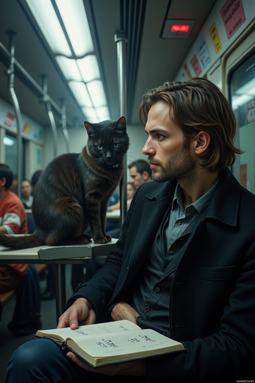 Realistic high quality photo. A 34‑year‑old man with slick light brown hair and piercing blue eyes, pale skin, wearing a tailored dark coat over a high‑collared shirt, sits in the back of a fluorescent‑lit subway car watching flickering lights while his cat perched on a small desk nudges him as he doodles an impossible equation on a notebook, shadows creeping along the tunnel walls.