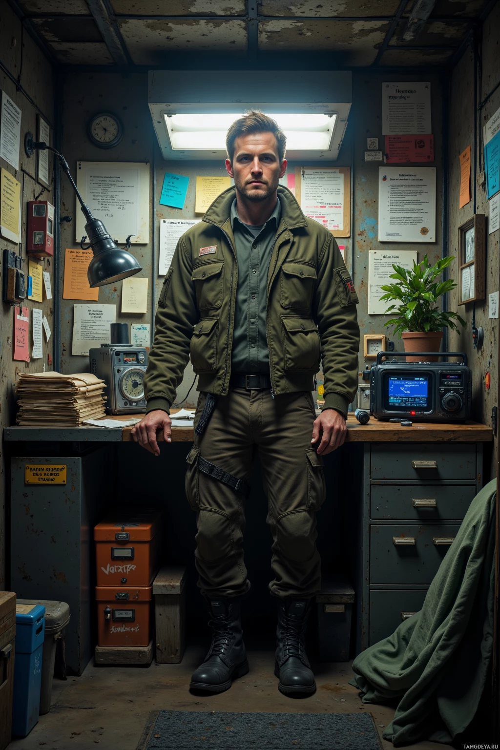 Realistic high quality photo. A 38‑year‑old male with short light brown hair and blue eyes, wearing an olive tactical jacket and cargo pants with reinforced boots, stands in a dim post‑apocalyptic bunker at night surrounded by color‑coded notebooks and pinned spreadsheets, a hand‑cranked radio humming to static on a metal table beside him, doorbell alarm panels glowing faintly, a small houseplant perched like a hidden camera, sealed water ledger boxes and classified birthday cards stacked under his desk, with extra blankets neatly arranged in a corner for others.
