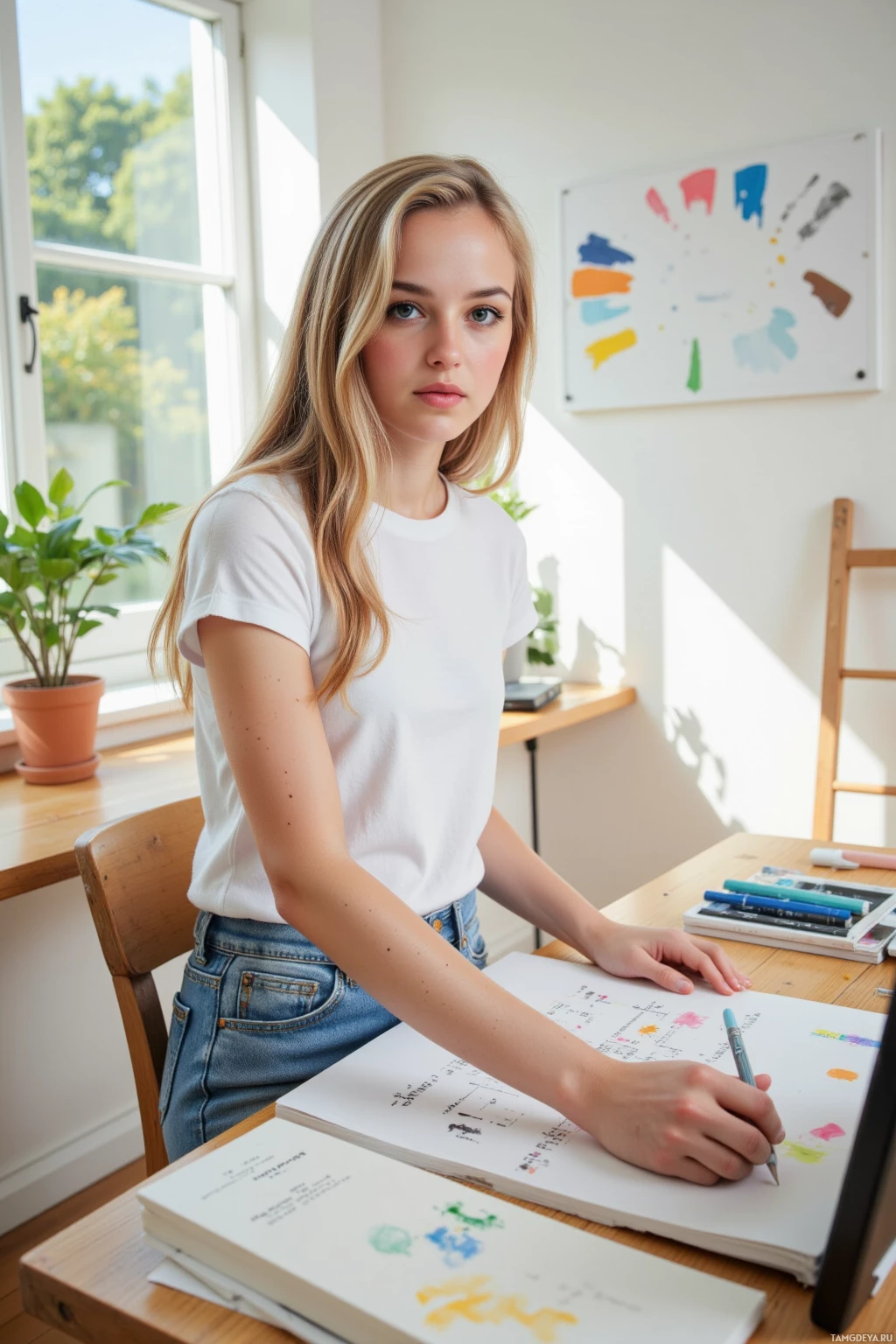 Realistic high quality photo. Woman in her 20s with fair skin, blonde waves and bright blue eyes, wearing a simple white t‑shirt and fitted jeans, sorting colorful sketchbooks on a wooden desk inside a sunlit home studio while drawing a crisp blue line on the wall and holding a notepad filled with scattered minimalist and bold brushwork ideas.