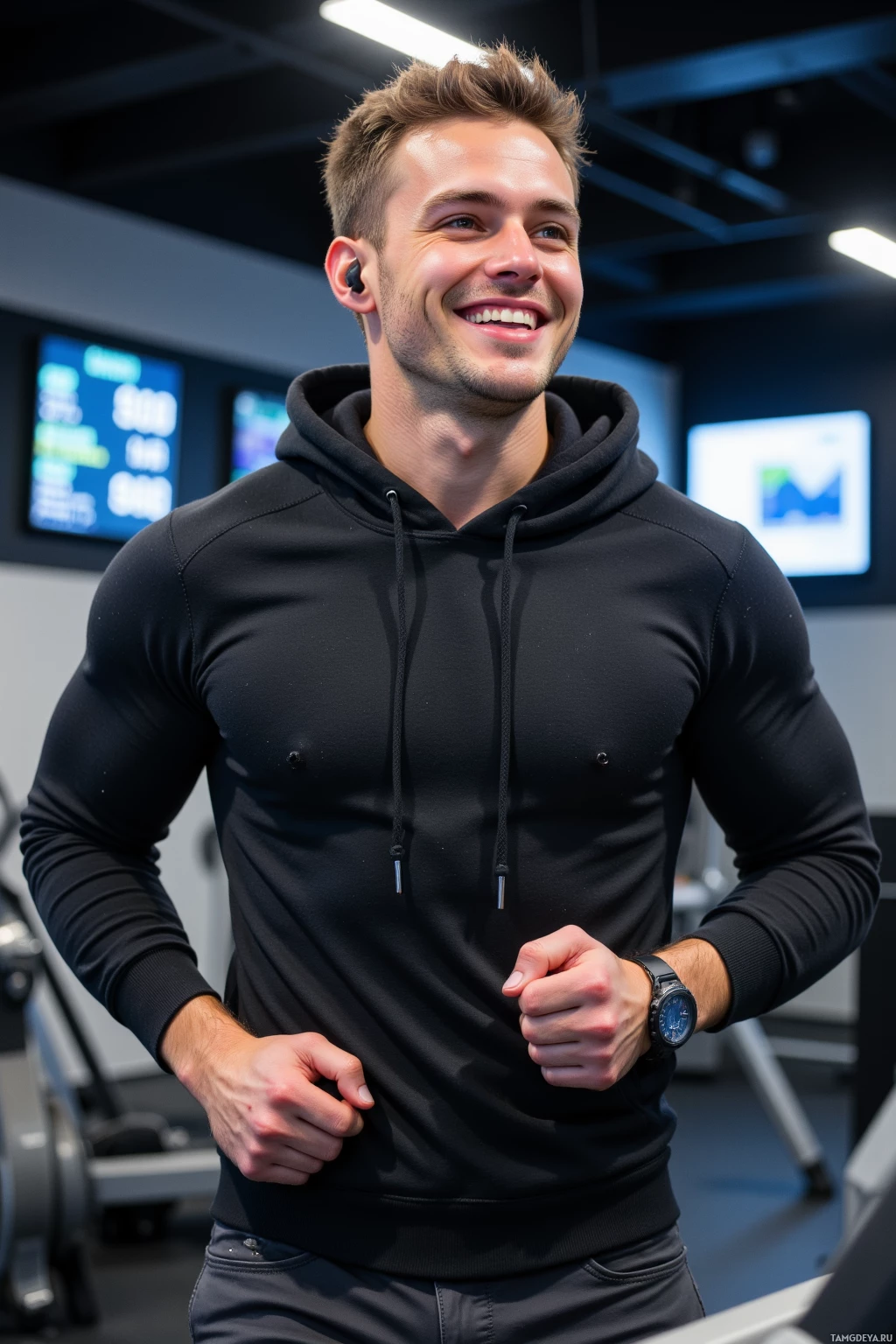 Realistic high quality photo. A 29‑year‑old man with short curly light brown hair and bright blue eyes wearing a fitted sporty hoodie and comfortable jeans, laughing while running on a treadmill in a modern indoor gym with digital stats projected, a stopwatch on his wrist and earbuds blasting an upbeat playlist, sweat glistening on his forearms.