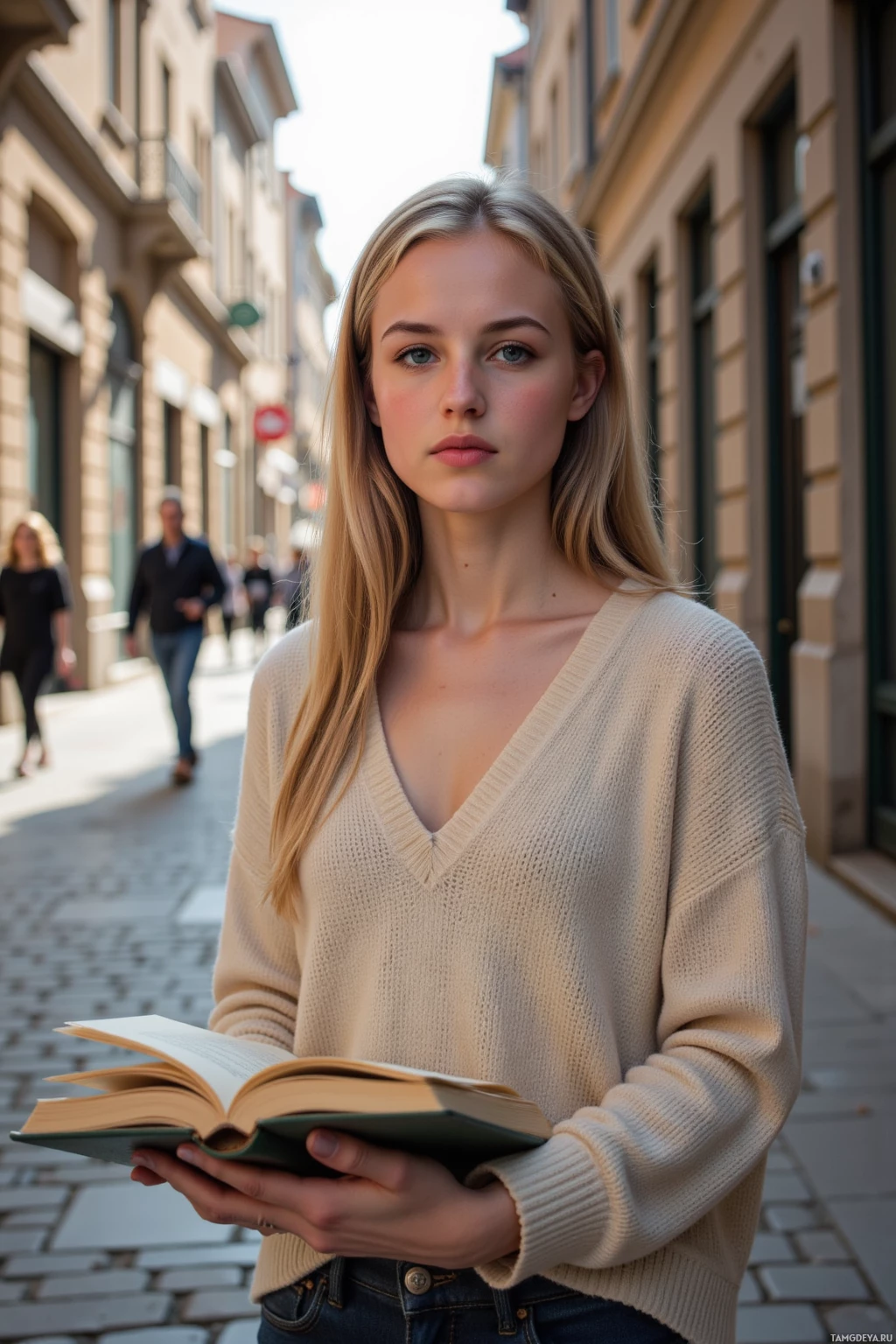Realistic high quality photo. Woman, 34, long straight blonde hair, soft blue eyes, pale skin, gentle facial structure, wearing a cozy beige sweater and dark jeans, standing in a quiet back alley where sunbeams dapple cobblestones, holding an open notebook on an unwritten page while passing strangers cast soft silhouettes.
