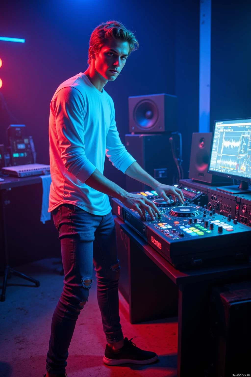 Realistic high quality photo. Tall 24‑year‑old male influencer with messy blonde hair, bright blue eyes, wearing a fitted white shirt, denim jeans and black sneakers, standing in a dim studio where rhythmic LED pulse lights dance to the music as he adjusts sliders on a mixing console with one hand while looking confidently at the screen, exuding charisma amid soft glowing ambient lighting.