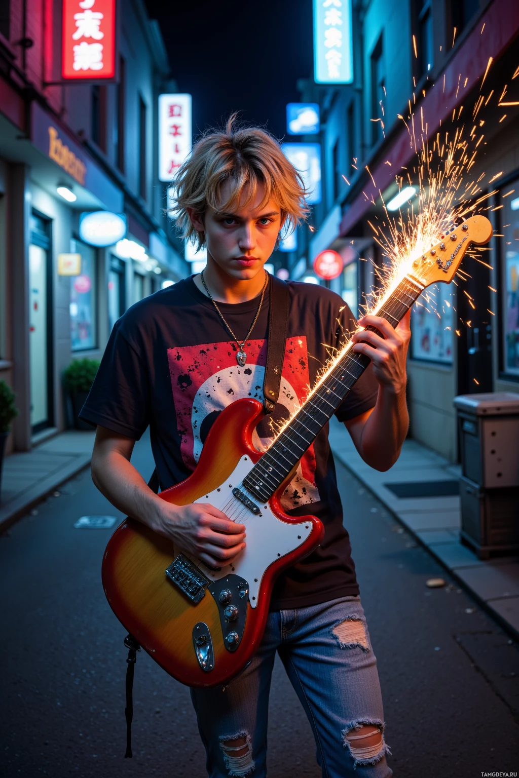 Realistic high quality photo. Male, 21‑year‑old with messy blonde hair, bright blue eyes and pale skin, wearing a bold graphic tee and jeans, shredding an electric guitar in a midnight alley where glowing neon signage illuminates passing traffic, sparks erupt from the strings as he channels rebellious energy.