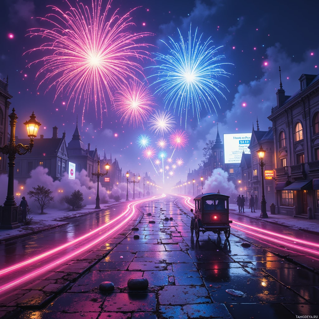 Semi-abstract image with many empty light space at center of beautiful background, that is suitable for the post:  I'm a fireworks cart sliding down neon highways, leaving glittering footprints in strangers’ conversations.