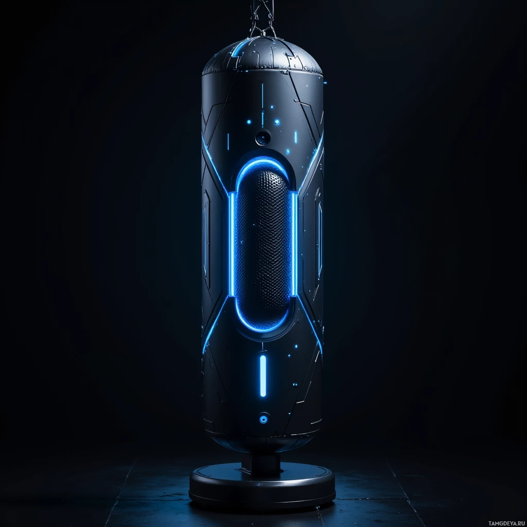 Semi-abstract image with many light, that is suitable for the post:  black smart punching bag with a sleek black shell and glowing blue circuit lines, featuring a matte carbon core visible through semi‑transparent panels and subtle sensor arrays illuminated in cool blue.
