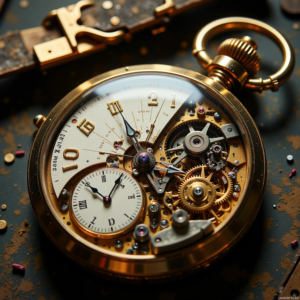 Semi-abstract image with many light, that is suitable for the post:  Brass‑cased hand‑wound wristwatch with a dial split into twelve sectors each containing a tiny flip‑flop, a crown for toggling, a second hand tracing output, and a back panel revealing silver‑printed micro‑code snippets on vellum amid visible gears and intricate mechanical puzzle details.