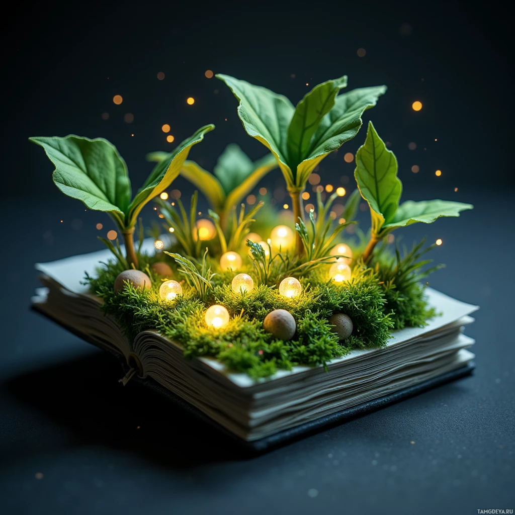 Semi-abstract image with many light, that is suitable for the post:  pocket-sized origami book with thick matte paper and fine delicate creases, unfolded into a tiny ecosystem of lush green moss and tiny glowing LED leaves, emitting a soft quiet light.