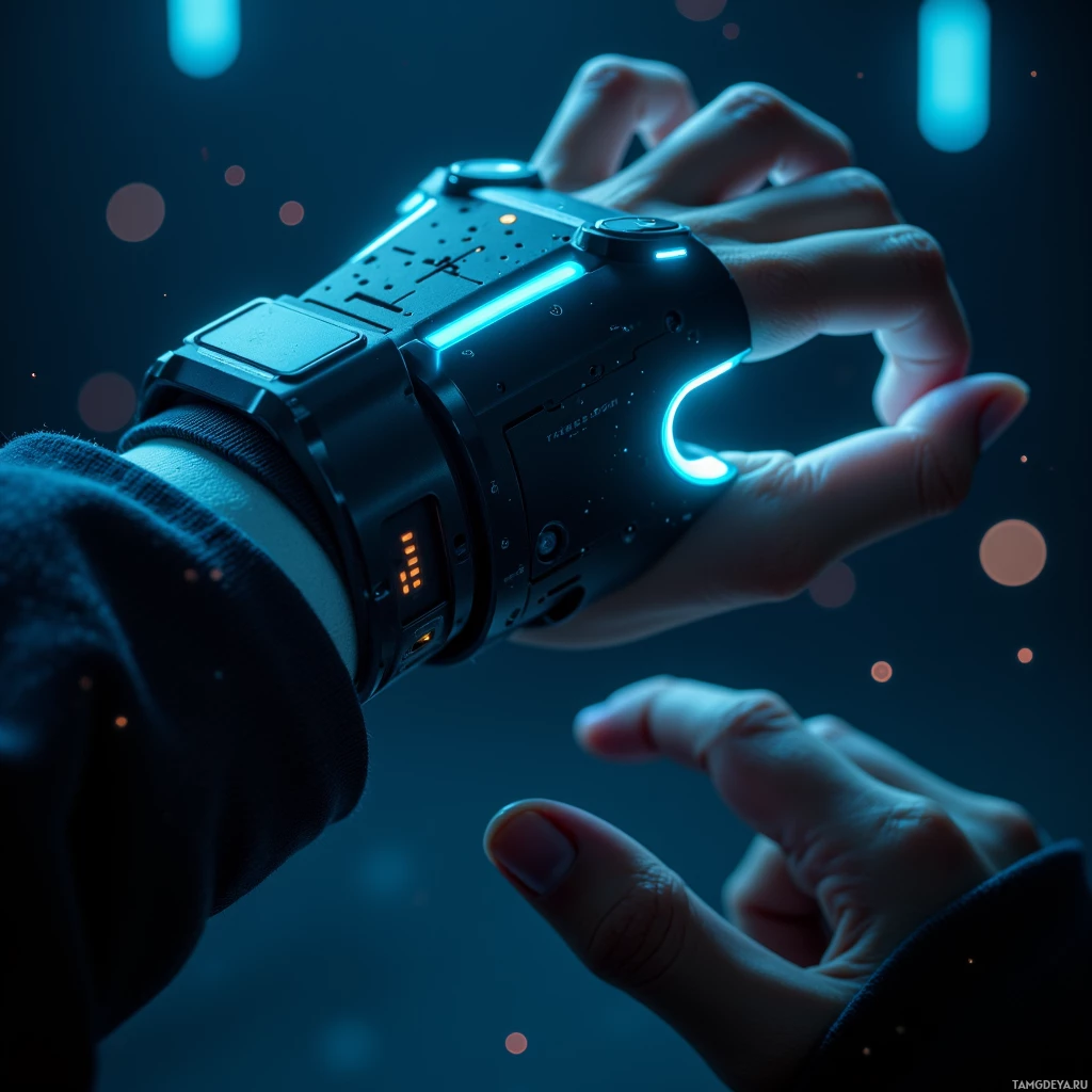 Semi-abstract image with many light, that is suitable for the post:  A wrist‑mounted haptic rig with a sleek matte black chassis, illuminated by pulsing neon blue lines that ripple along its surface in response to a faint heartbeat, featuring subtle glowing circuitry and ergonomic padding.