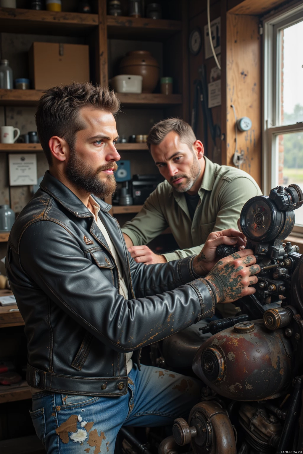 Realistic high quality photo. A 36‑year‑old man with short dark brown hair, a rugged beard, piercing blue eyes, pale skin, wearing a worn black leather jacket over a white shirt and jeans, works in a cluttered garage, tightening bolts on a motorcycle with oil‑slicked hands while a grateful friend watches, sunlight filtering through a dusty window.