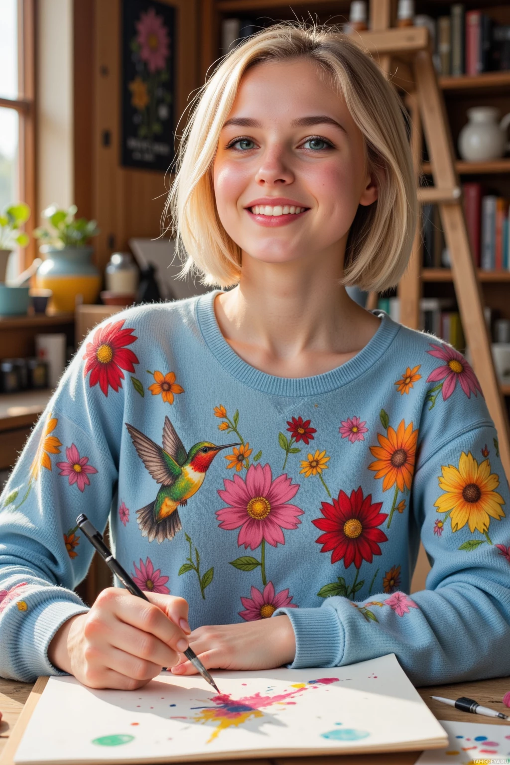 Realistic high quality photo. A young woman with a bright blonde bob, sparkling blue eyes and cheerful expression, pale skin, high cheekbones, wearing a vibrant sweater sits in a cozy art studio bathed in warm afternoon light, sketching a hummingbird mid‑flight with fluttering wings while watercolor splashes bleed from the drawing into the surrounding paper, her open‑hearted smile radiating positivity.