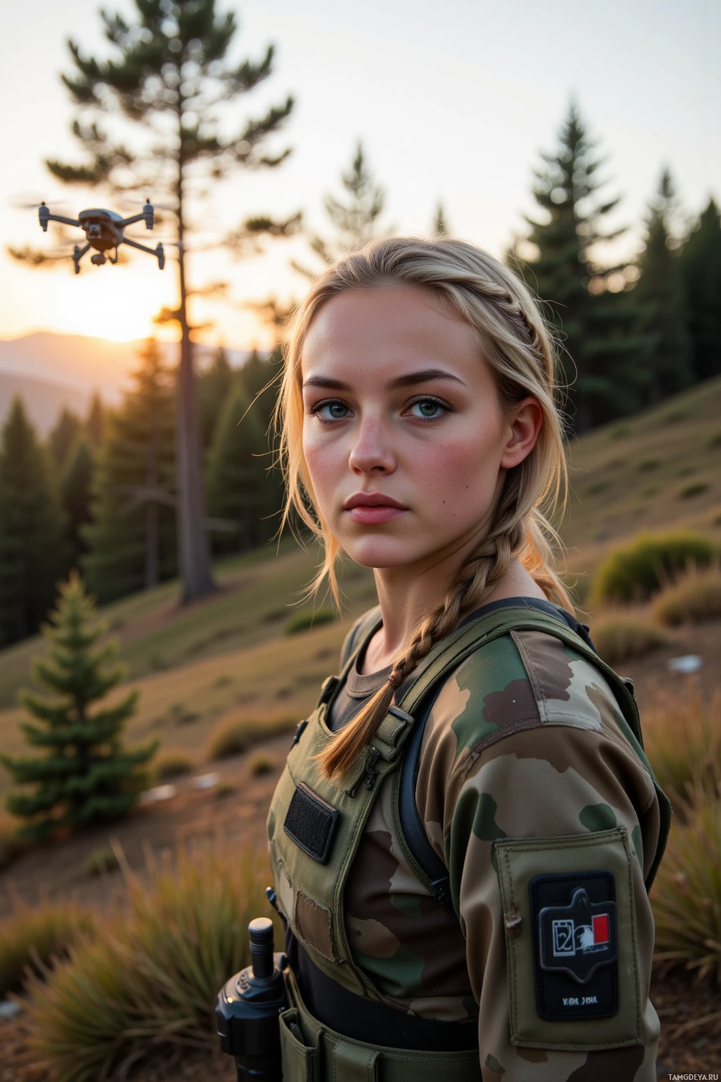 Realistic high quality photo. A 35‑year‑old woman with braided blonde hair and striking blue eyes, wearing a camouflage tactical outfit and utility belt, stands on a pine ridge at twilight, hovering a small drone above pine needles while soft sunlight filters through the canopy, wind gently blowing and her determined gaze fixed on the serene landscape.