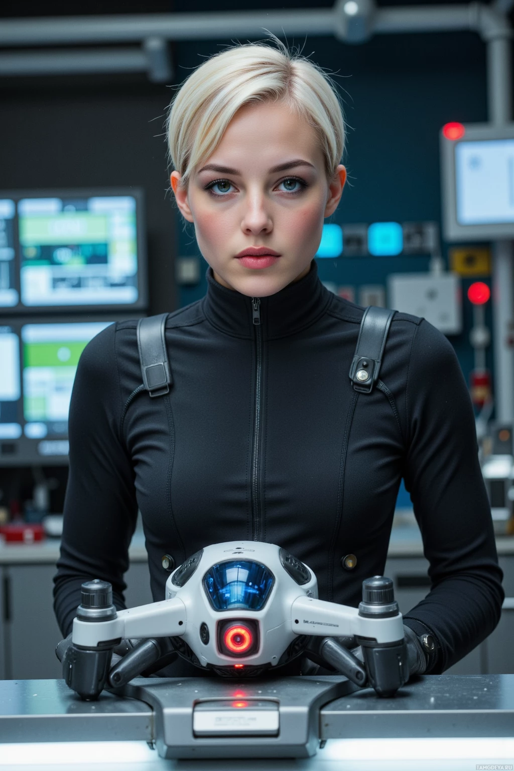 Realistic high quality photo. Female scientist 28 with sharp angular features, short platinum blonde hair, bright green eyes and fair skin, wearing a sleek minimalist black jumpsuit with metallic accents, standing in a high‑tech laboratory of chrome panels and glowing control consoles, adjusting the quantum drift of a prototype drone on a polished workbench while starlight bleeds into the window casting nebula hues, with a faintly illuminated manual override pulse indicator beneath the chrome, posture confident and focused, embodying innovative rebellion.