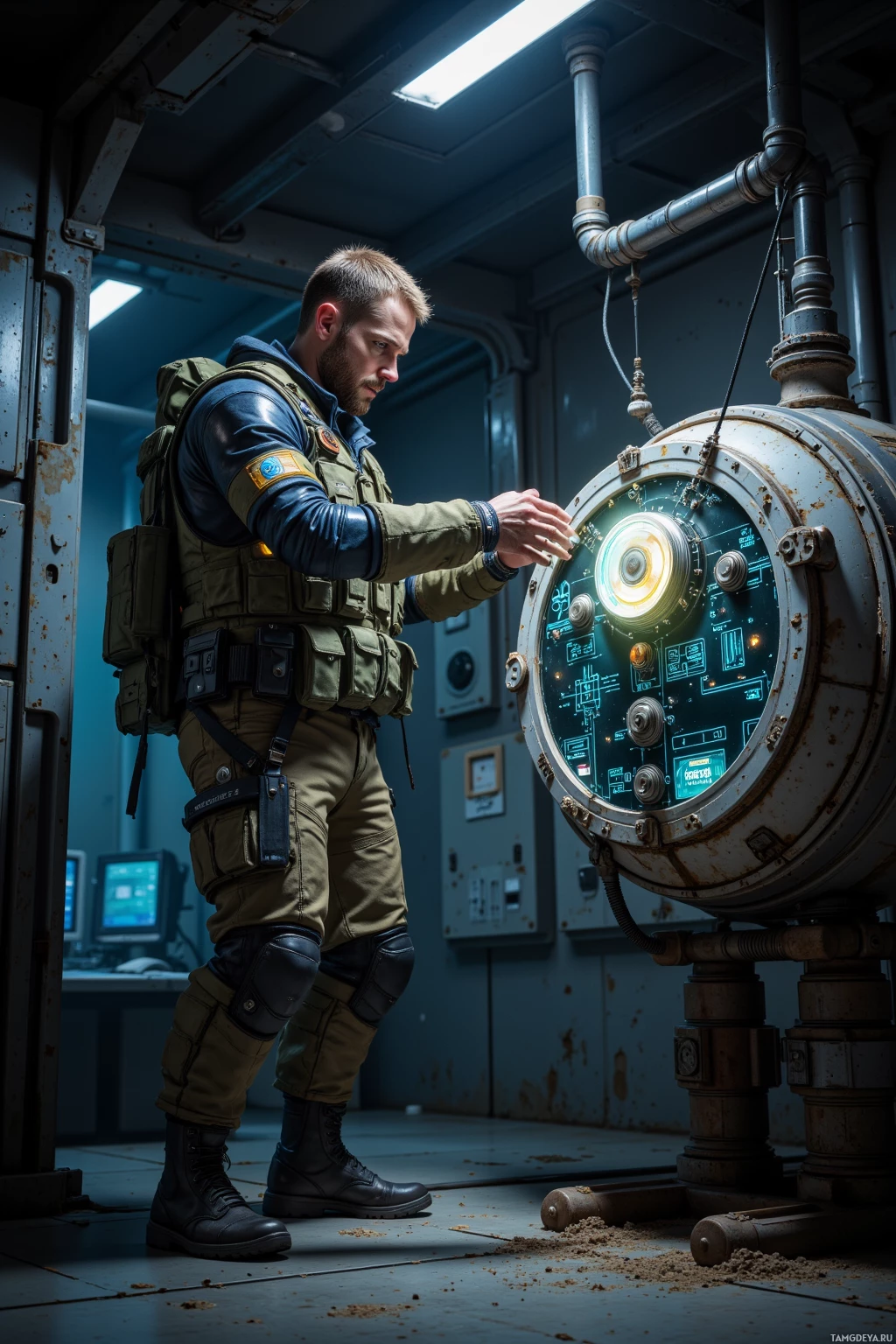 Realistic high quality photo. A 30‑year‑old man with close‑cropped brown hair, blue eyes, wearing a fitted tactical vest, durable pants, and rugged boots stands in a dim diagnostics bay surrounded by floating dust motes while calibrating an orbital sensor array attached to an aging power core, his expression tense and focused amid flickering diagnostic displays.