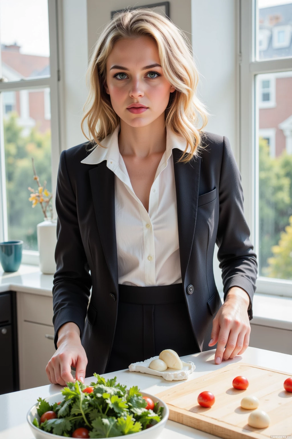 Realistic high quality photo. Confident 30‑year‑old woman with blonde curly hair and blue eyes, wearing a tailored white blouse under a fitted black blazer and high‑waisted trousers, serves kale salad at a sleek kitchen table arranged like a board game, while live‑editing a pitch deck on a laptop, pointing to the screen with one hand and gesturing toward the table with the other, her charismatic yet sharply focused expression illuminated by morning sunlight streaming through large windows.