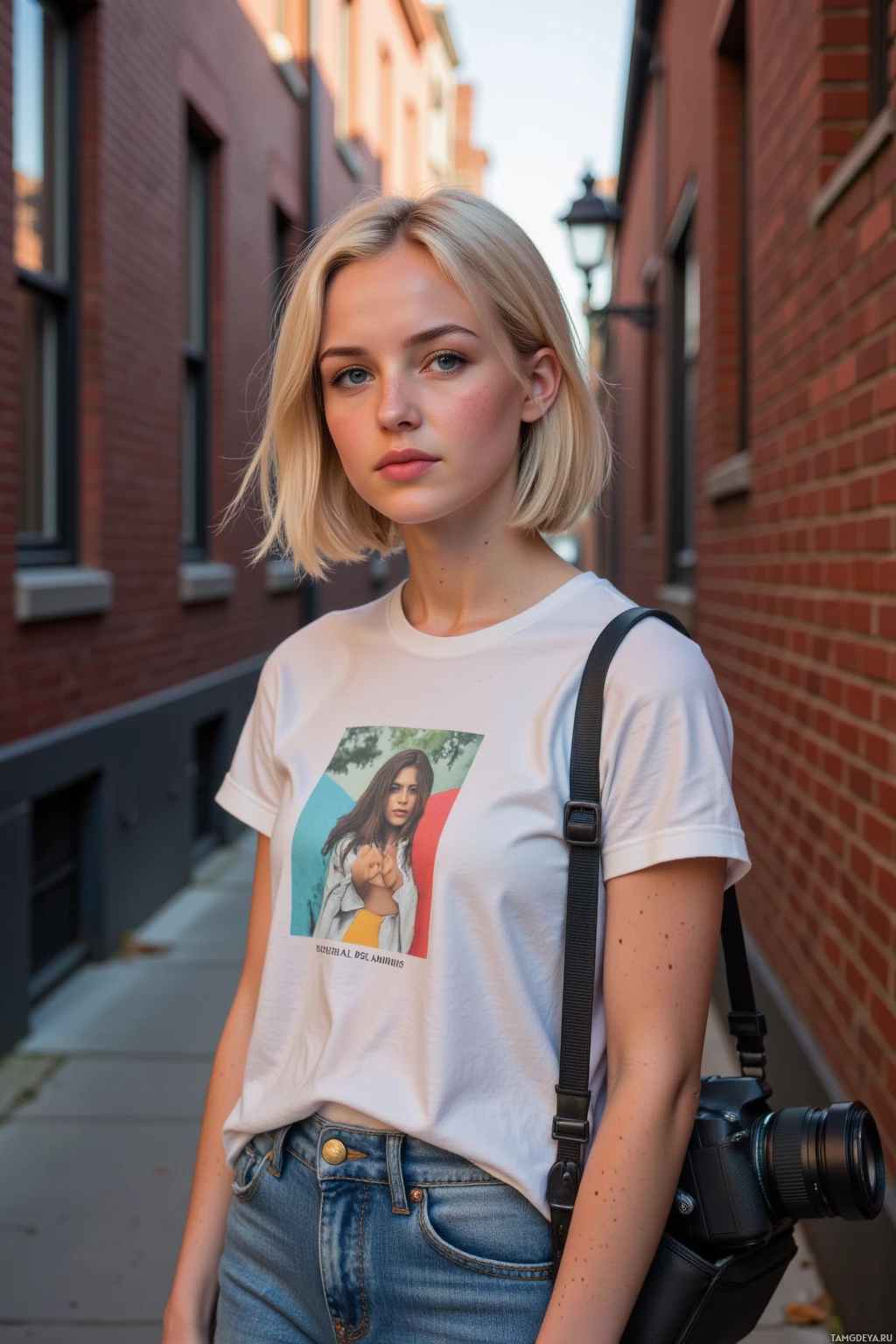 Realistic high quality photo. Woman, 28, short blonde hair, blue eyes, freckles, wearing a white graphic t‑shirt and jeans, holding a DSLR camera bag and a 50mm lens, standing in a narrow brick alley at late afternoon with warm street light illuminating the walls, ready to capture a spontaneous photo.