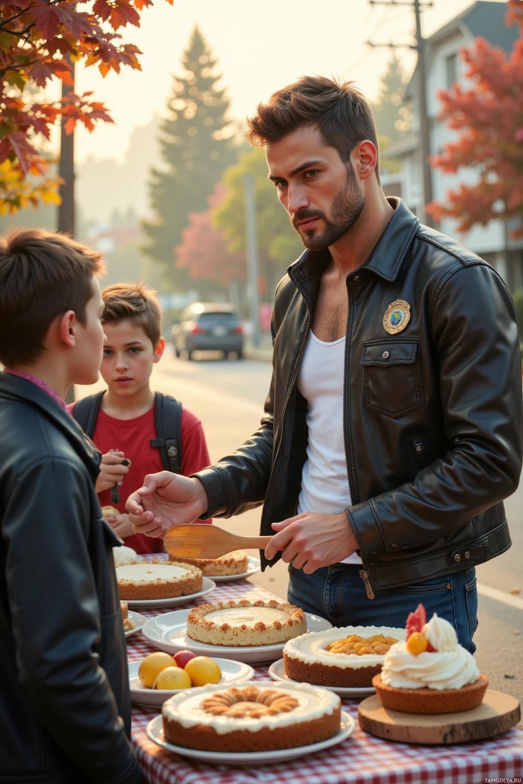 Realistic high quality photo. A 28‑year‑old broad‑shouldered man with short dark hair, piercing blue eyes, strong jawline, wearing a leather jacket over a white tank top, jeans and sturdy boots, kneading dough with a spatula at a neighborhood bake sale table filled with cinnamon and lemon cakes, chatting with bright‑eyed kids on a quiet residential street at sunset, badge tucked under one arm, confident posture, soft golden light.