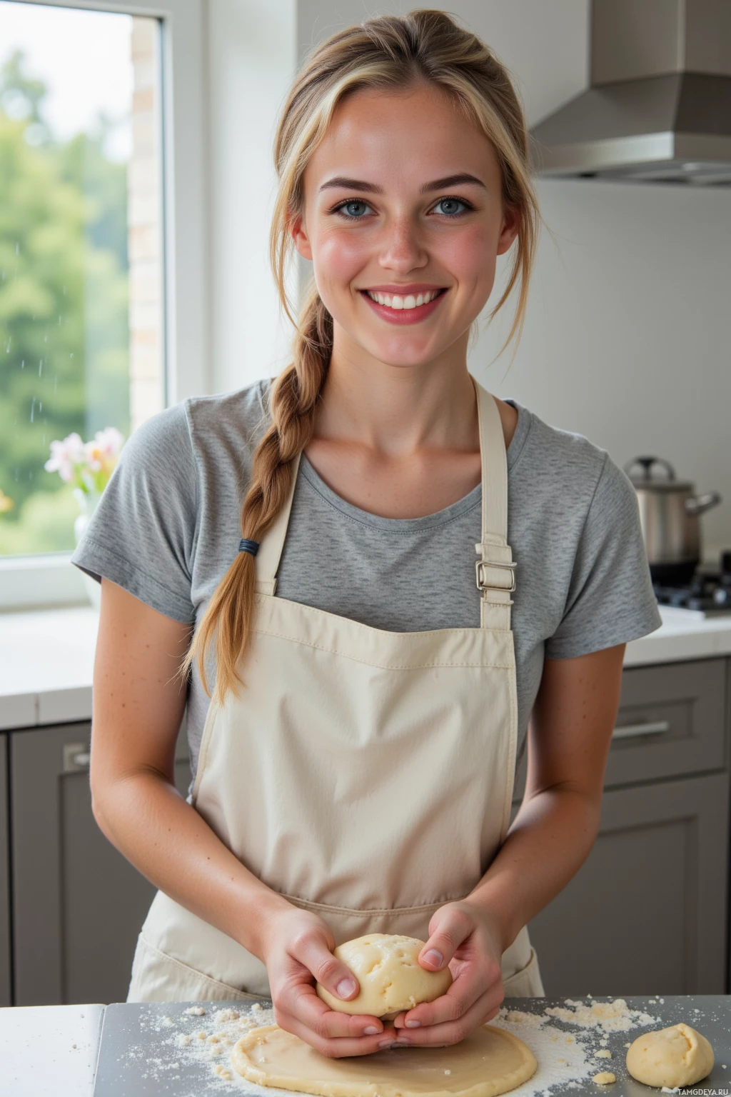 Realistic high quality photo. Cheerful 24‑year‑old blonde woman with a braid and bright blue eyes, wearing casual clothes and a charming apron, kneading dough on a flour‑covered counter in a modern kitchen, a half‑finished batch of cupcakes on a tray, an open oven with a slightly smoky interior, rain streaking the kitchen window in the background, soft afternoon light.