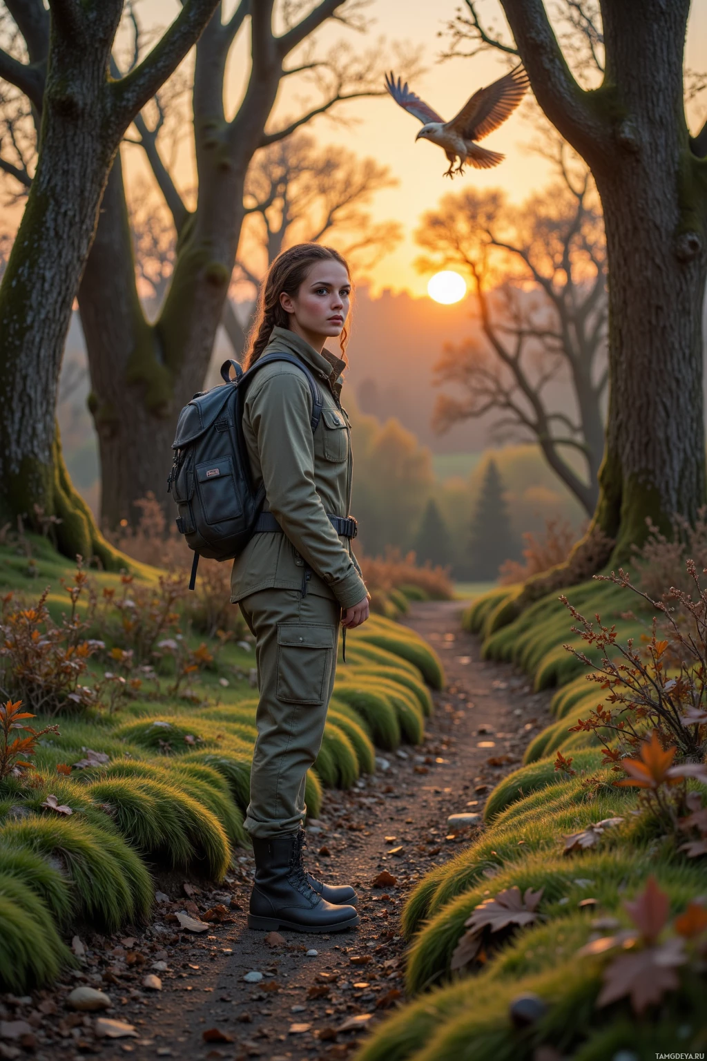 Realistic high quality photo. 29-year-old forest ranger, dark brown braided hair, bright green eyes, warm beige skin, wearing fitted jacket, rugged pants, sturdy boots, utility belt, slung backpack, standing on mossy forest trail at sunset, watching a solitary hawk glide overhead with ancient trees surrounding her.
