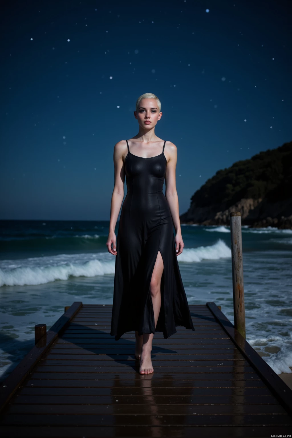 Realistic high quality photo. A 26‑year‑old woman with a platinum buzzcut, silver eye makeup, porcelain skin and flowing monochrome dress walks along a wooden pier at night under starlight, waves echoing quietly around her feet on wet planks, light reflecting off the water like an unfinished frame of silence.