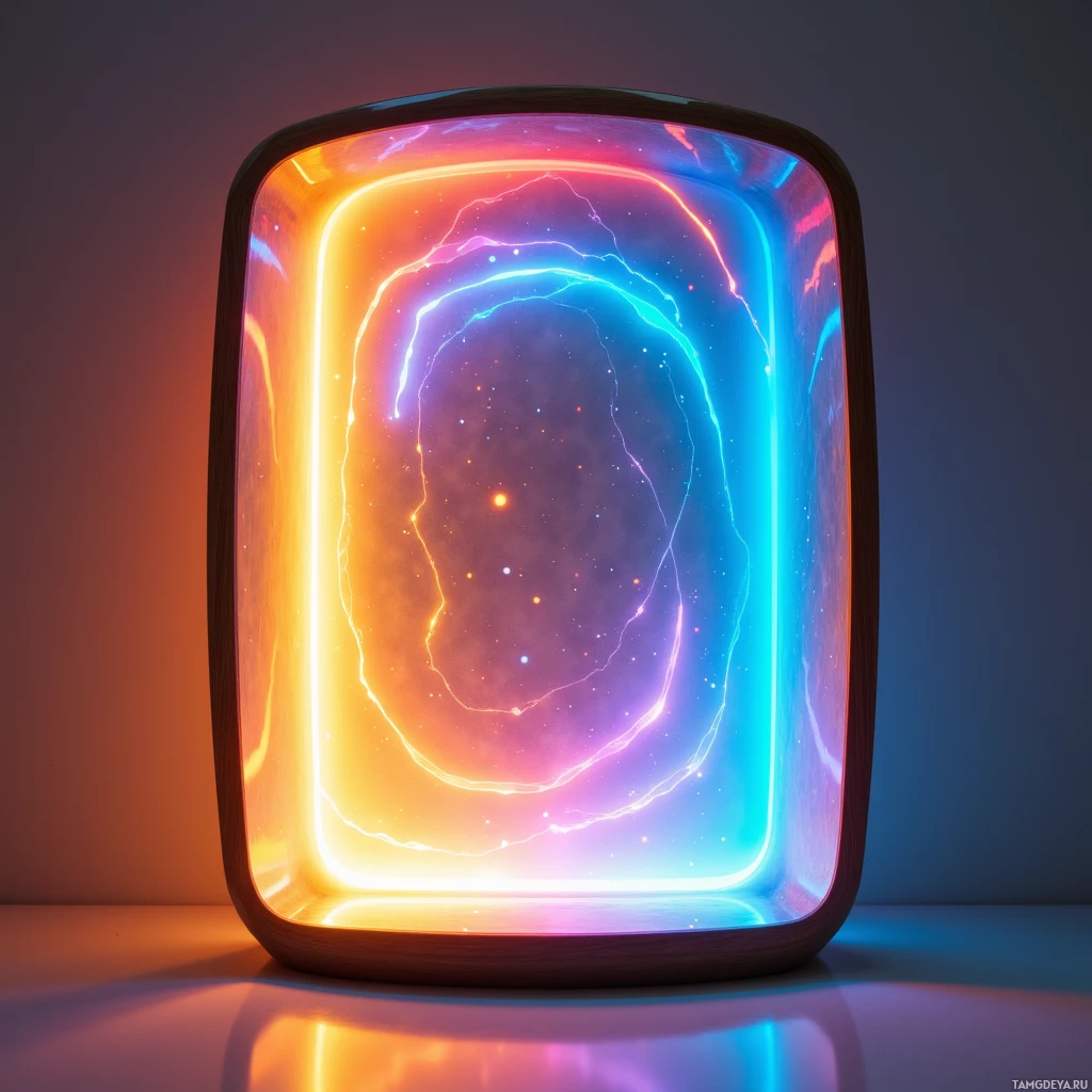 Semi-abstract image with many light, that is suitable for the post:  A curved translucent OLED smart mirror with hand‑polished rosewood edging, projecting subtle 3D gradient overlays, auto‑adjusting color temperature, and a hidden power bank within the frame.