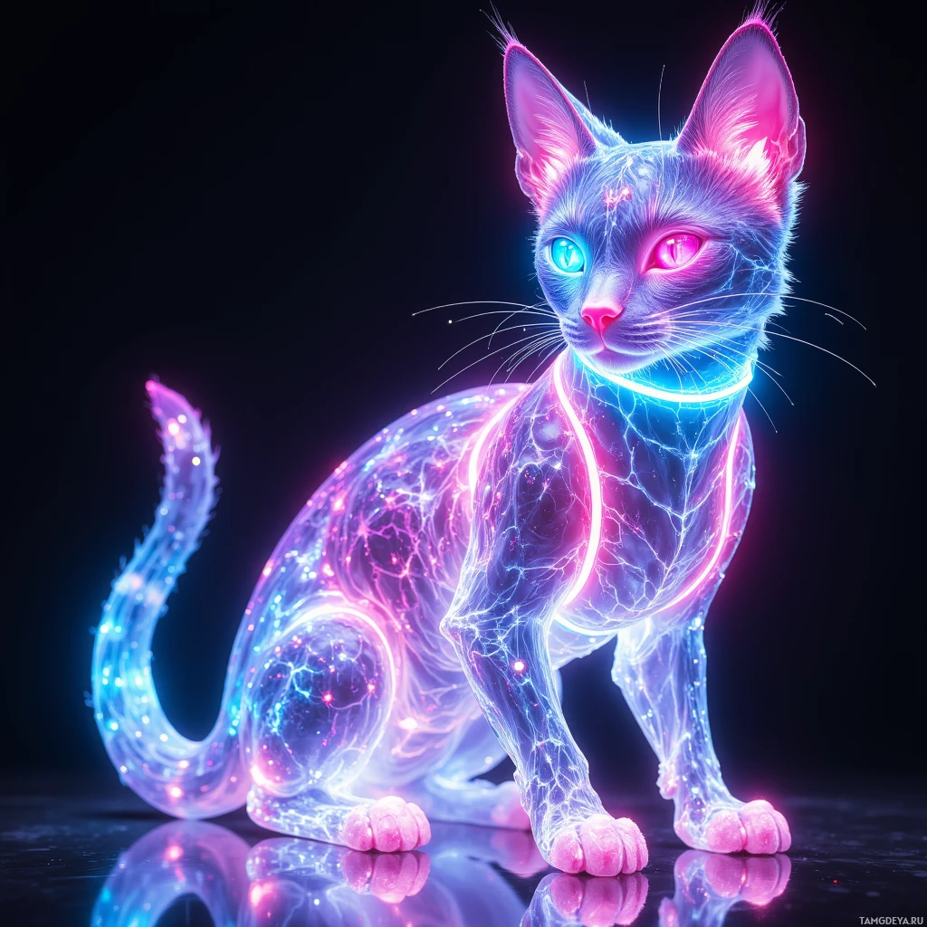 Semi-abstract image with many light, that is suitable for the post:  translucent cyber‑cat with flexible resin chassis and realistic fur, full‑spectrum LED strip outlining its body, OLED eye screens that shift expressions, modular tail, paws, whiskers that can switch between Dragon Ball Z energy glow or Sailor Moon crystal mode, bright neon colors, sleek futuristic design