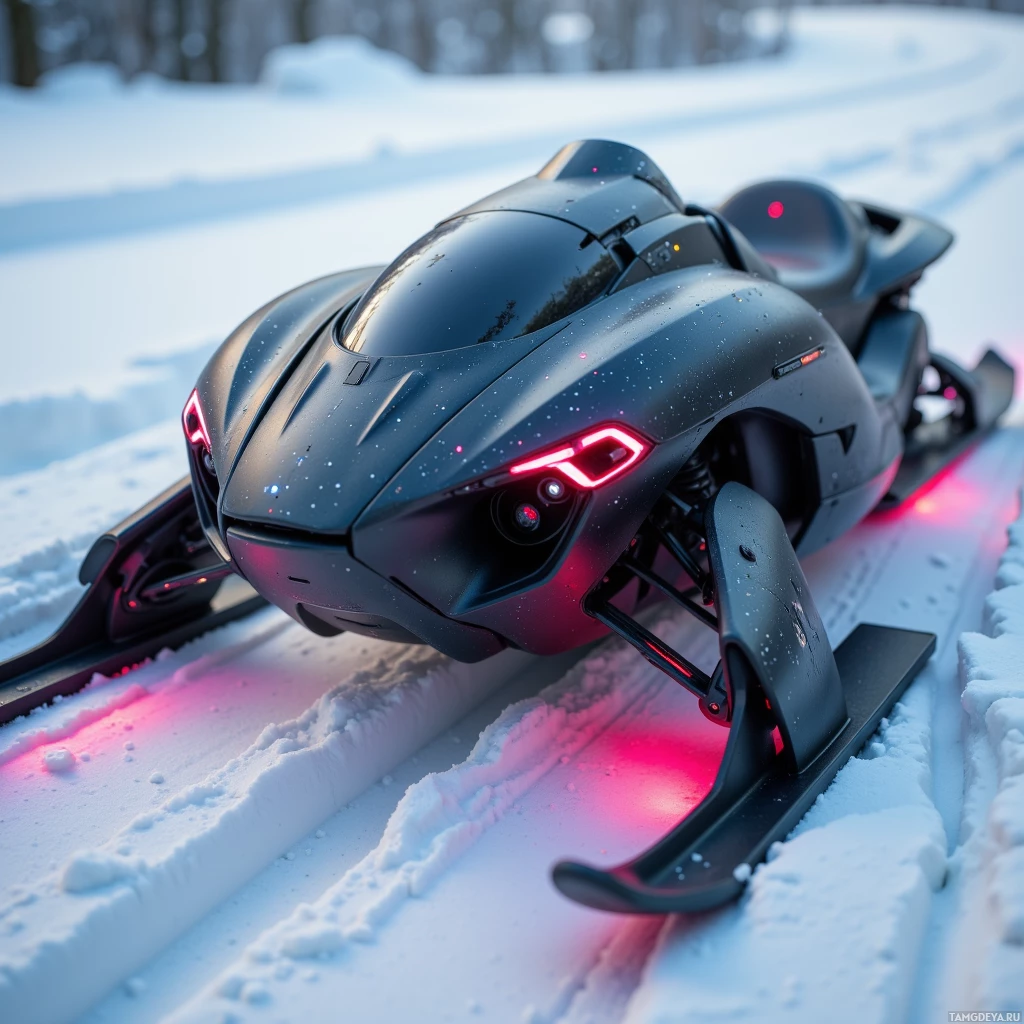 Semi-abstract image with many light, that is suitable for the post:  Sleek matte black carbon‑fiber sled with a smooth thermoplastic rim shaped like a snowflake in motion, featuring integrated GPS and altitude gauge displays, quick‑release camera mount for 4K drone, and battery‑powered heated grips.