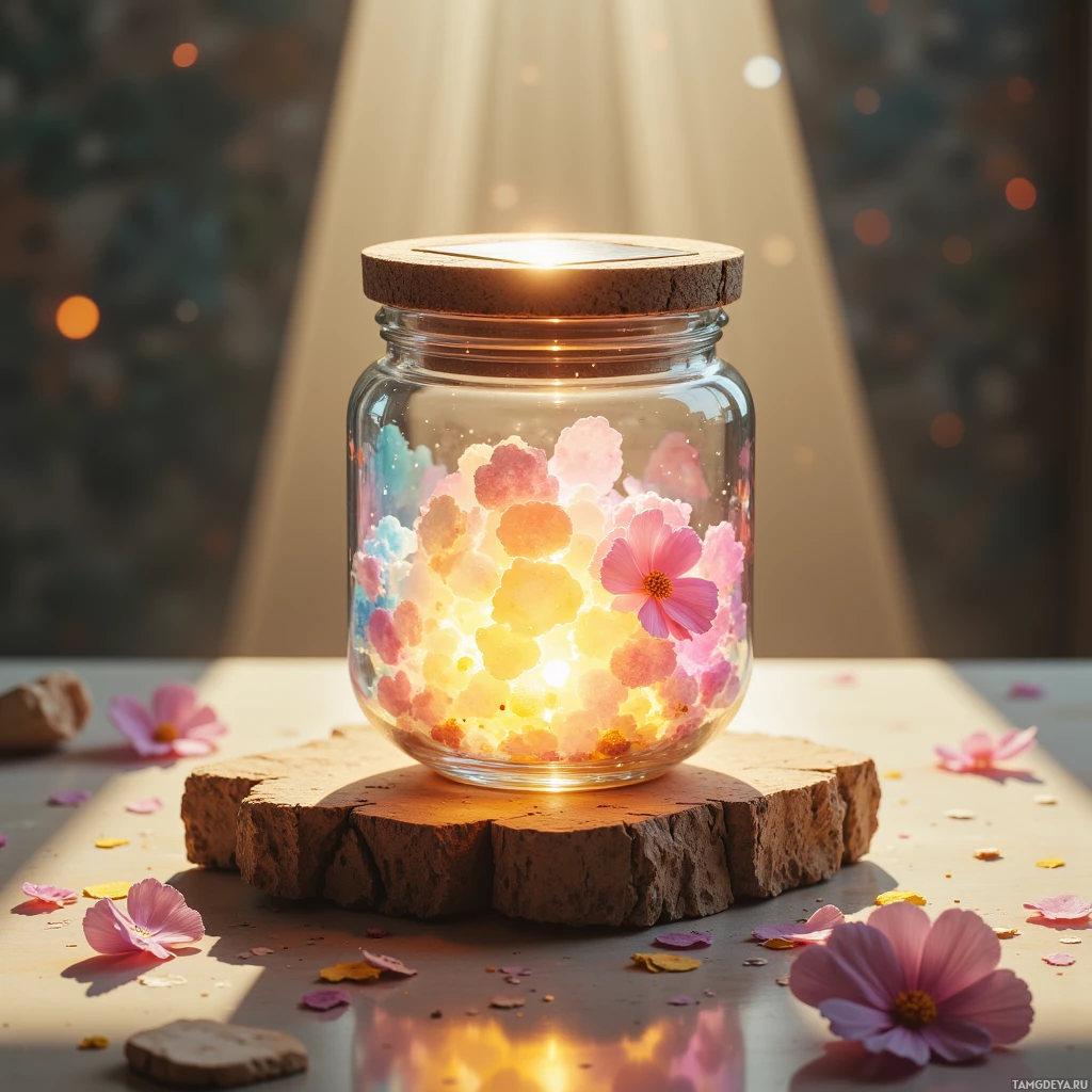 Semi-abstract image with many light, that is suitable for the post:  Crystal‑clear glass jar on a polished titanium base emitting soft pastel glow, topped by a slim solar‑panel lid reflecting sunrise light.