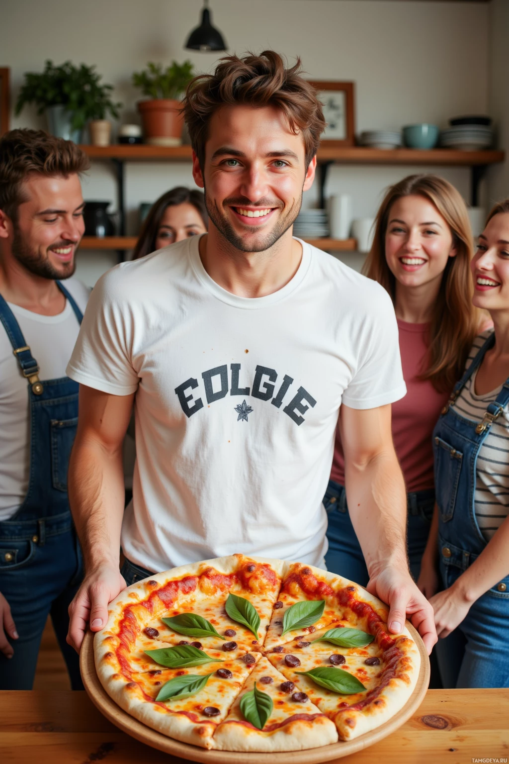 Realistic high quality photo. A 27‑year‑old man with messy brown hair, bright blue eyes and a friendly smile, wearing a white graphic t‑shirt and jeans, standing on a wooden kitchen counter holding an open pizza whose dough is split and bubbling, topped with bright green pesto basil scattered like confetti, as several friends laugh around him in casual attire under warm daylight.