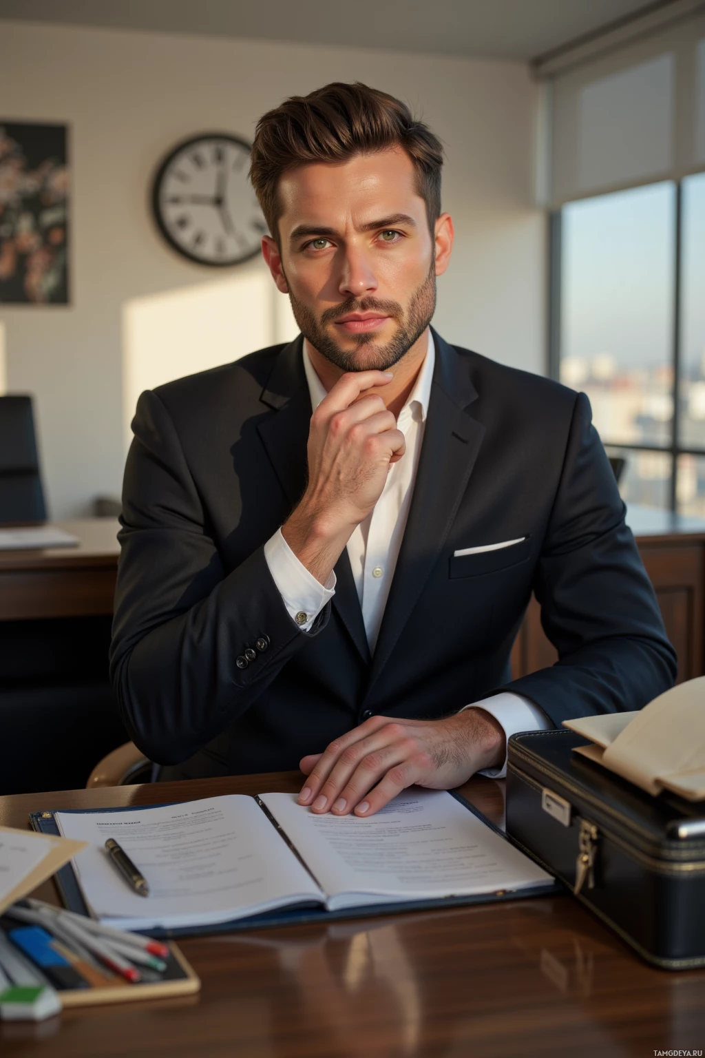 Realistic high quality photo. A 32‑year‑old man with neatly styled brown hair, piercing green eyes, fair skin, wearing a crisp black tailored suit and white dress shirt sits at a polished conference table in a modern boardroom, a cluttered portfolio and briefcase on his desk, a wall clock ticking, as he calmly strategizes a deal with a composed expression in late afternoon light.