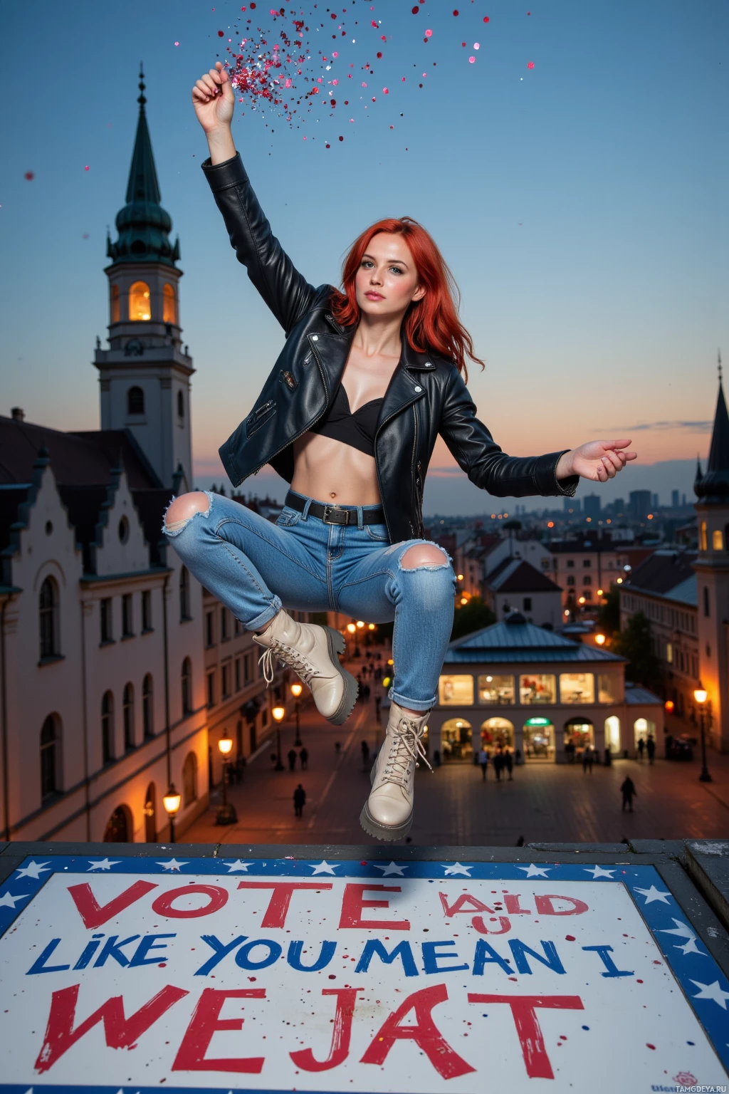 Realistic high quality photo. Woman, 25, bright red hair, green eyes, black leather jacket, jeans and pale combat boots mid‑air acrobatics on a rooftop at dusk, glitter swirling around her as she writes “Vote like you mean it, but add a beat” on a billboard, while confetti is strewn across an old town square below.