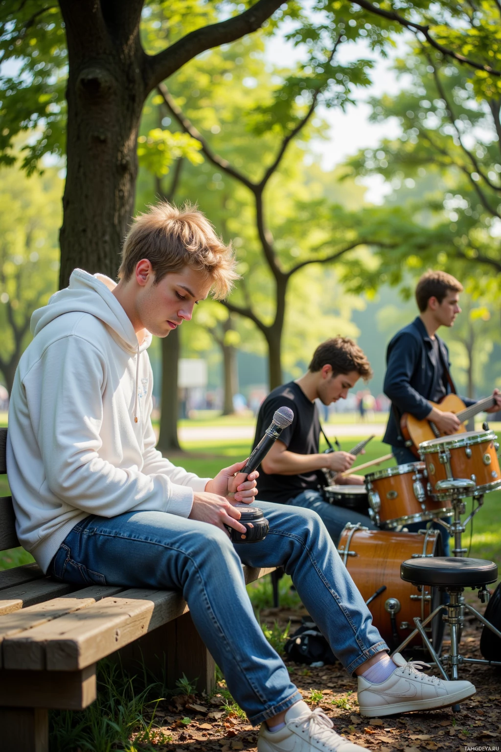 Realistic high quality photo. 29‑year‑old male with messy blonde hair, blue eyes, wearing a white hoodie sits on an old wooden park bench under dappled sunlight, setting up a mic while a drummer on a folding stool and a nearby guitarist join him for a spontaneous jam amid green trees on a bright afternoon.