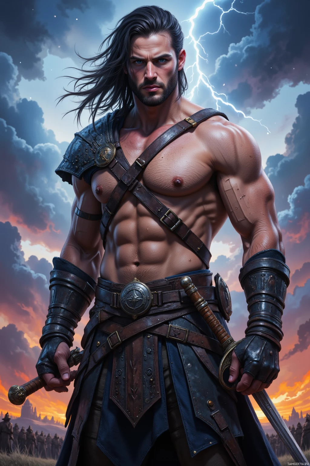 Realistic high quality photo. Muscular 33‑year‑old warrior with long dark hair, intense blue eyes, fair skin, chiseled features, wearing worn leather armor and a sword at his side, stands on a storm‑lit battlefield at dusk, lightning crackles overhead and wind whips his hair, his posture exuding quiet confidence, raw strength, and a faint fiery glow surrounds him.