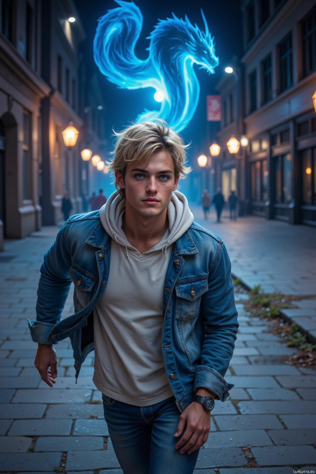 Realistic high quality photo. A 22‑year‑old male with messy blonde hair and bright blue eyes, wearing a backwards cap, loose denim jacket, and casual T‑shirt, skateboarding down a nighttime urban sidewalk while chasing a glowing dragon silhouette under flickering streetlights.