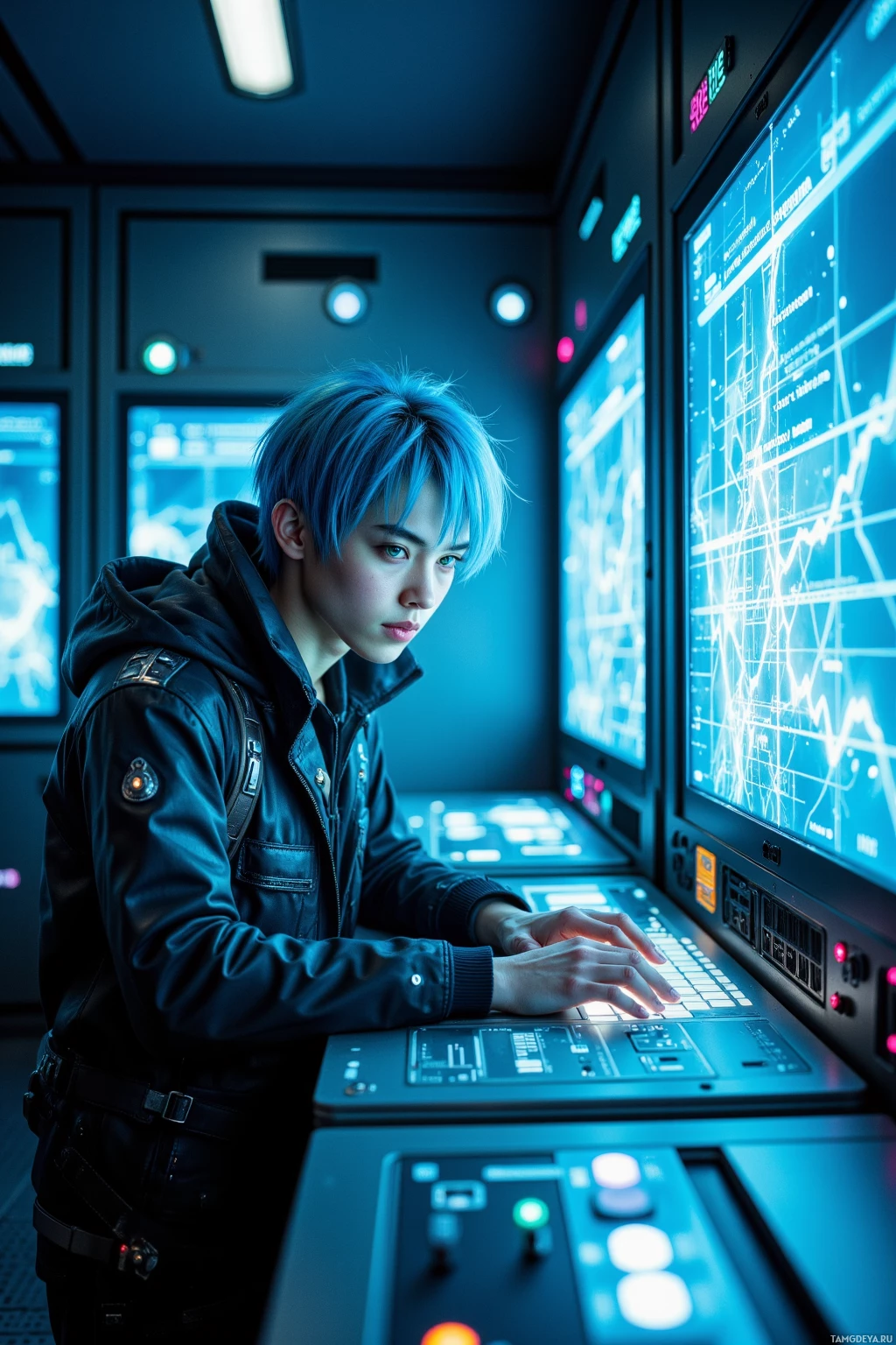 Realistic high quality photo. Male 29, messy neon‑blue hair, piercing green eyes, pale skin, in a sleek futuristic jacket with glowing circuit patterns and metallic utility belts, hunched over a holographic terminal inside a dimly lit server room illuminated by electric‑blue panels, lines of code flickering on a transparent display while glitching neural network nodes flash above him.