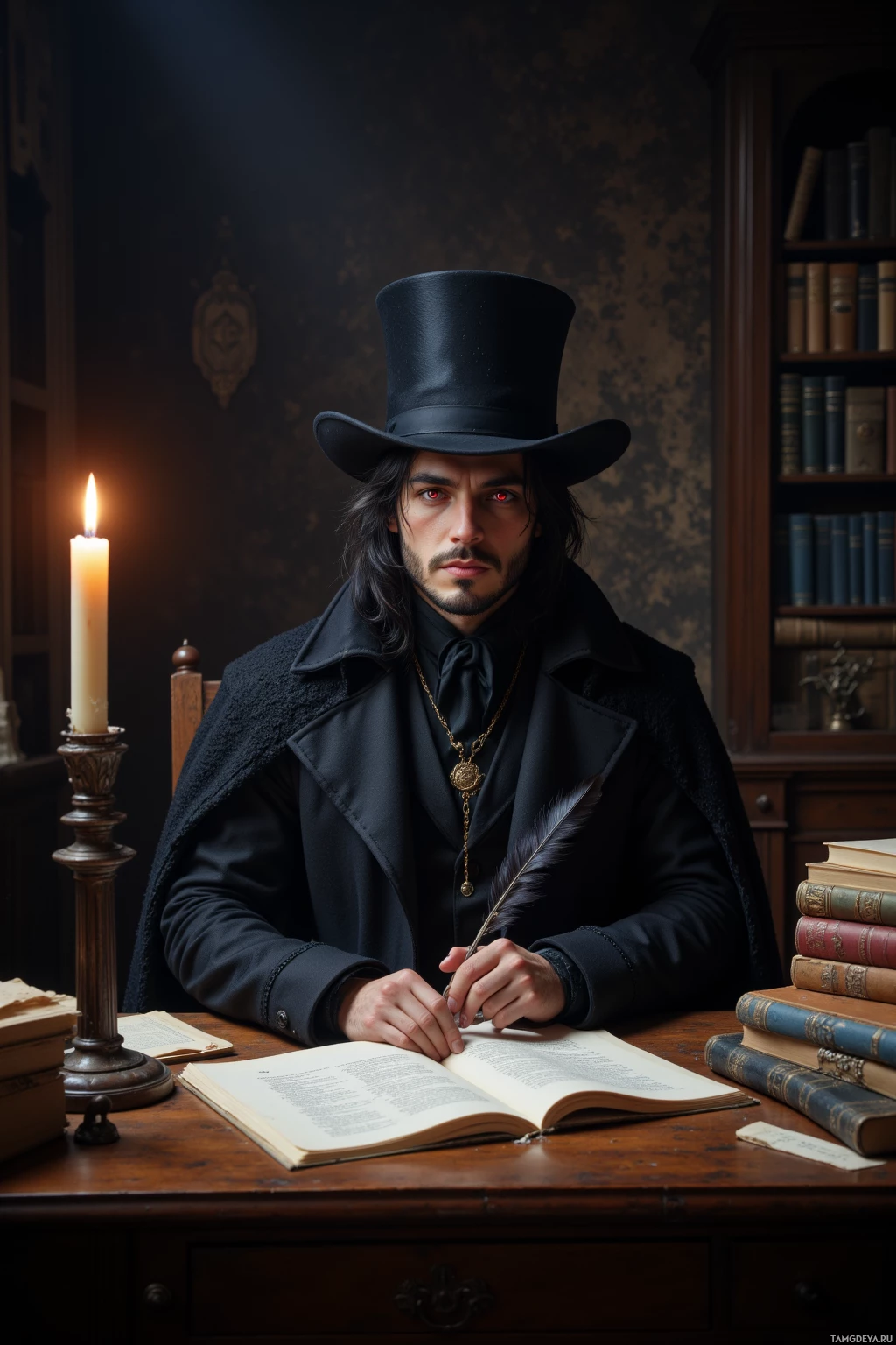 Realistic high quality photo. Tall male author, 40, long black hair, glowing red eyes, pale skin, wearing a high-collared black cloak over a Victorian waistcoat and wide‑brimmed black hat, seated at a wooden desk in a dimly lit 19th‑century study, surrounded by shadowed manuscripts, quill in hand, candle flame flickering, ink dripping onto paper, air heavy with ancient whispers.