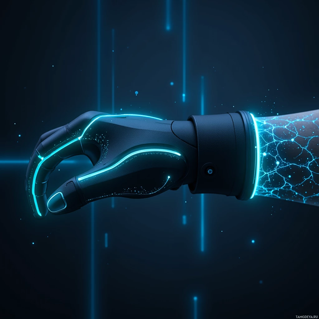 Футуристичная роботизированная рука с голубыми светящимися линиями на темном фоне.