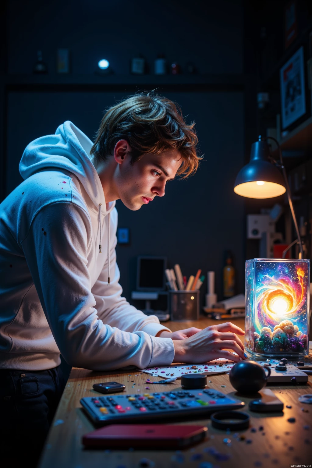 Realistic high quality photo. 28‑year‑old male with messy light brown hair, blue eyes, pale skin, wearing a loose white hoodie with abstract ink splatters, hunched over a dim studio workbench at night, adjusting colors on a computer while a glass cube containing an abstract cosmos glows faintly under a warm lamp.