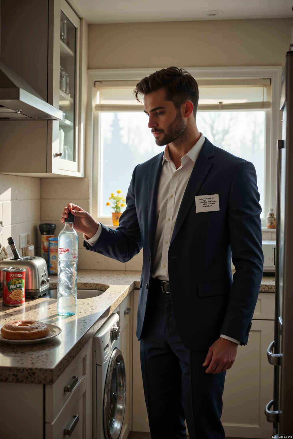 Realistic high quality photo. A 34‑year‑old man with soft black hair and deep blue eyes in a slim‑fit dark suit stands in a modern kitchen at morning light refilling a water bottle beside a humming fridge, holding a note that reads “sometimes listening heals more than speaking,” while canned beans are neatly arranged on the counter and a toaster stubbornly pops a bagel; his contemplative, slightly distant expression embodies an overthinker's calm silence.