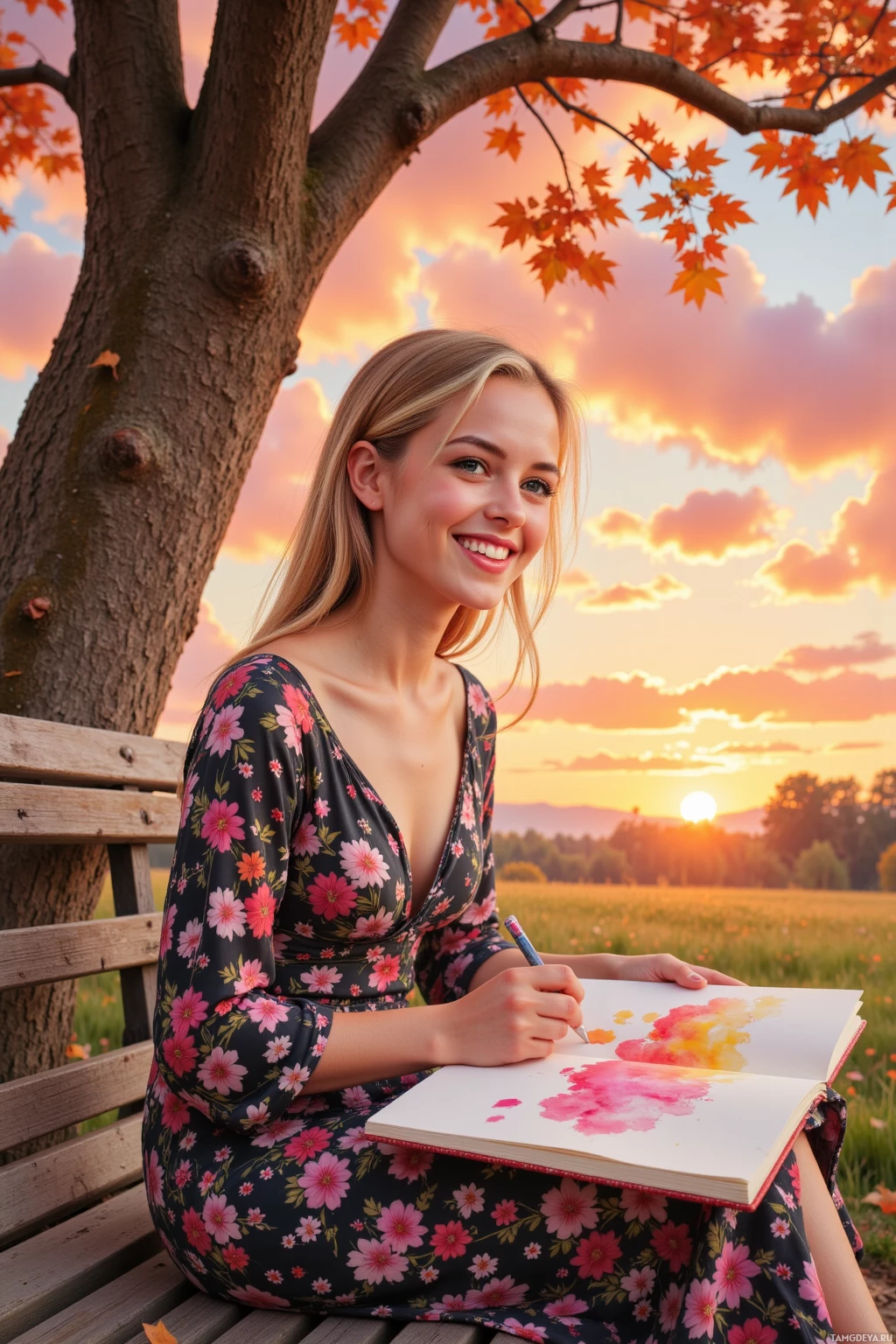 Realistic high quality photo. A 22‑year‑old woman with blonde loose waves, bright blue eyes, sun‑kissed skin, wearing a flowing floral dress, sits on a wooden bench under an old maple tree at sunset, laughing while sketching a cotton‑candy‑colored cloud in watercolor on a sketchbook, with the sky glowing in vibrant orange and pink hues.