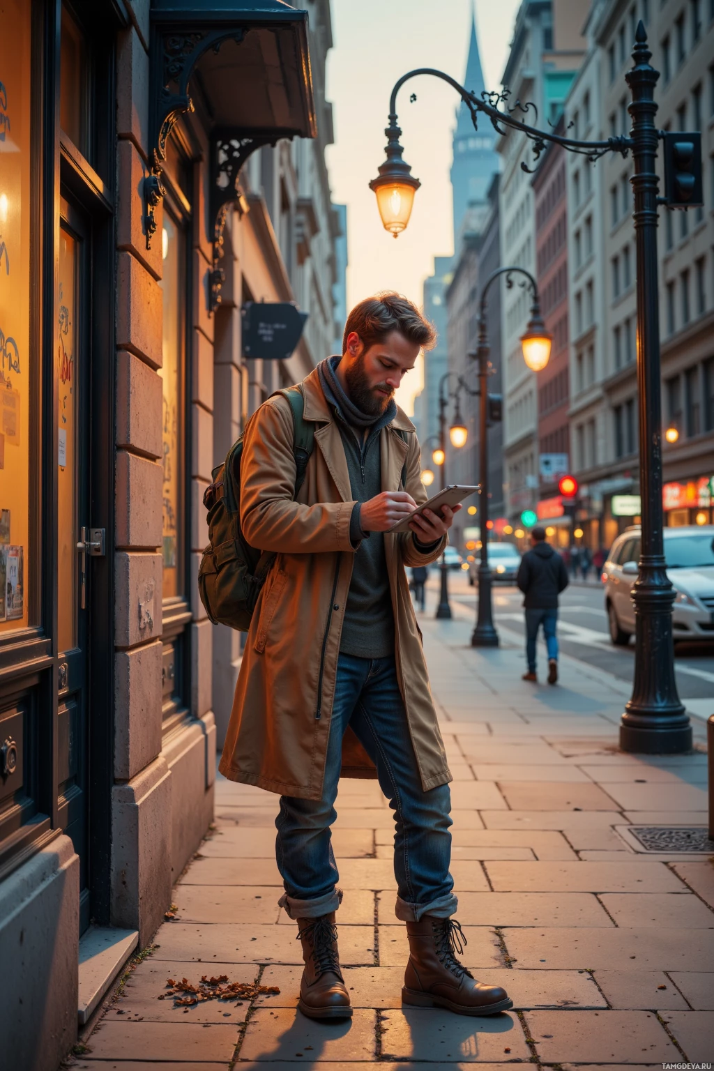 Realistic high quality photo. A 28-year-old man with light brown hair and a beard, wearing rugged earth-toned outdoor clothes and sturdy boots, standing on a city sidewalk at dusk, tracing lazy shadows on the pavement with a sketch pad while traffic lights blink rhythmically and the urban street hum surrounds him.
